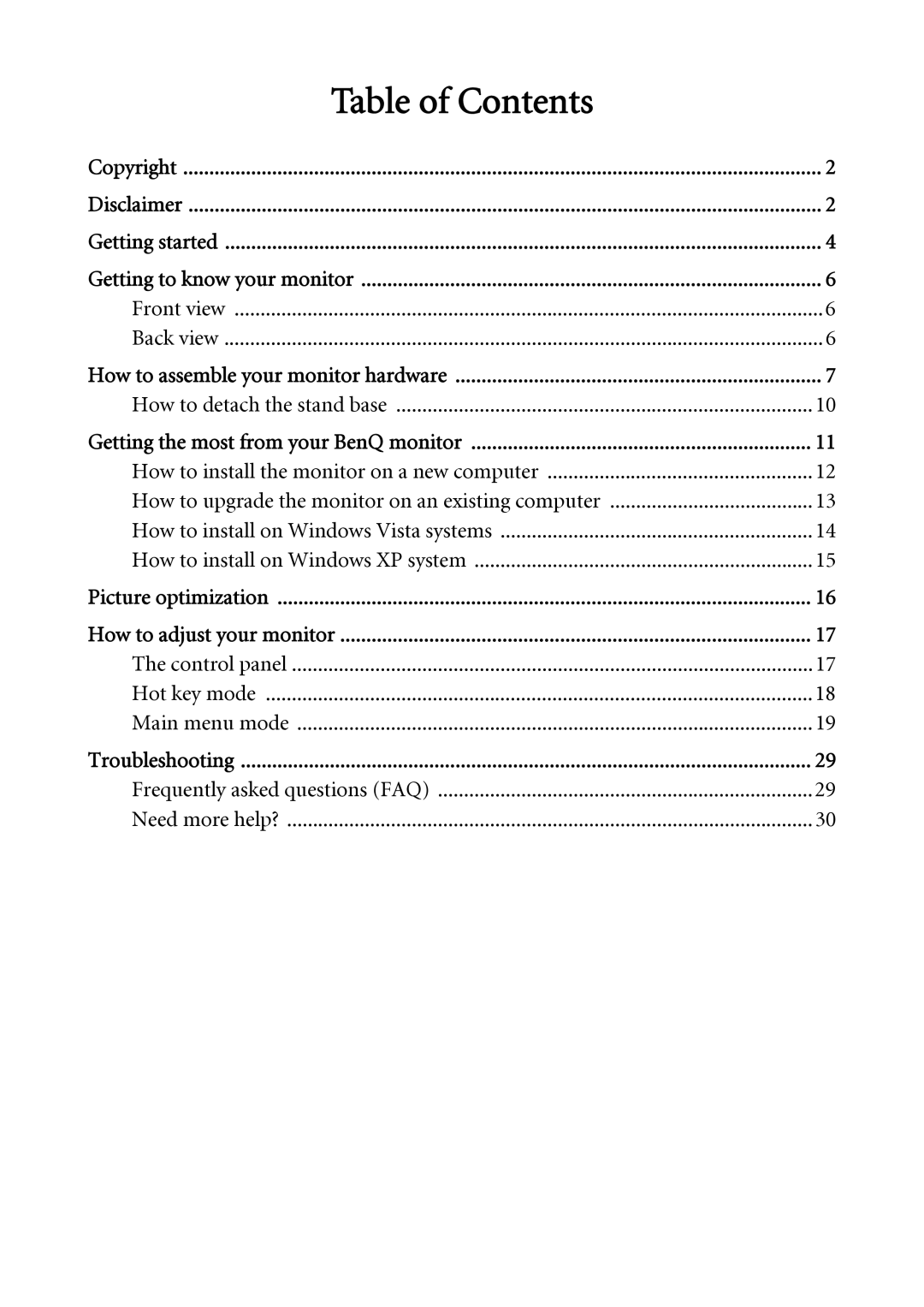 BenQ G925HD/G925HDA, G922HD/G922HDA, G920HD/G920HDA user manual Table of Contents 