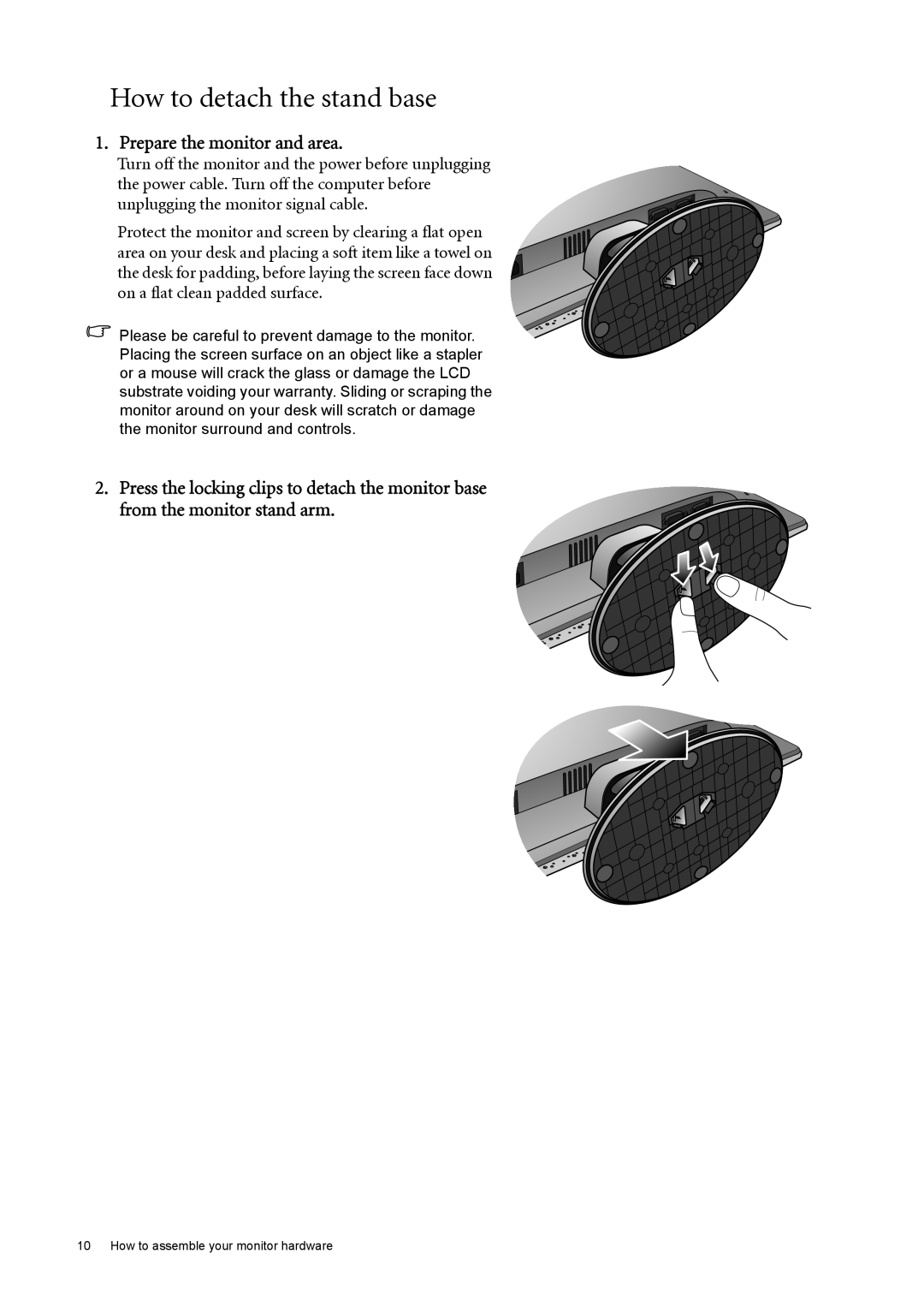 BenQ GL2030 user manual How to detach the stand base, Prepare the monitor and area 