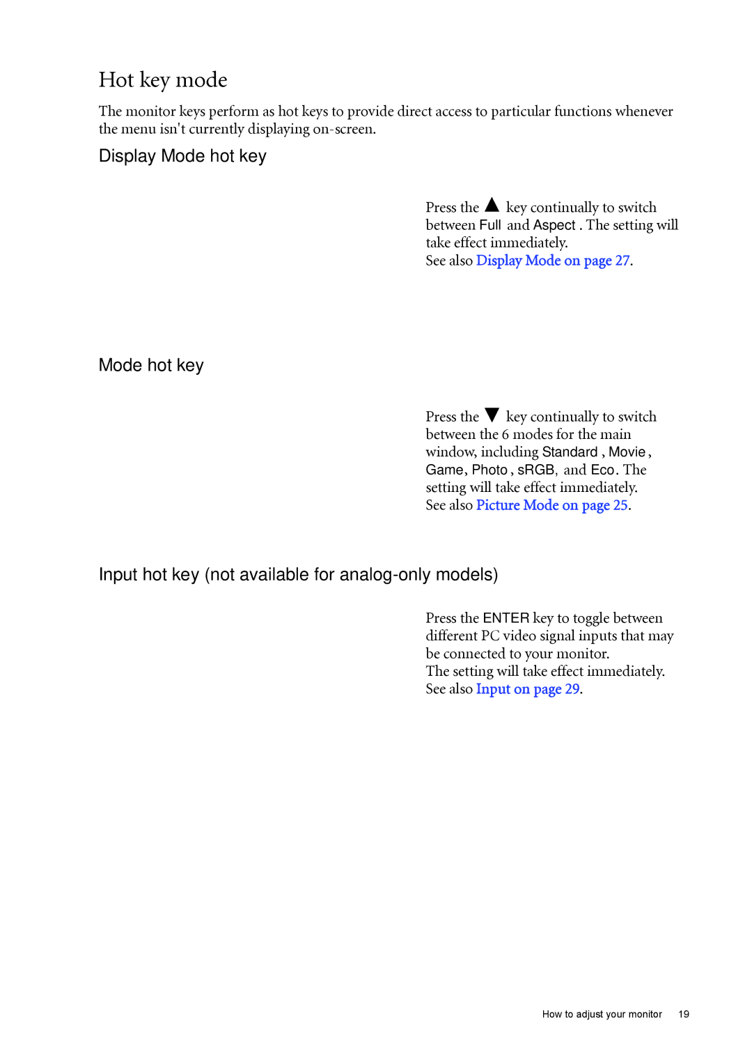 BenQ GL2030 user manual Hot key mode, Display Mode hot key, Input hot key not available for analog-only models 