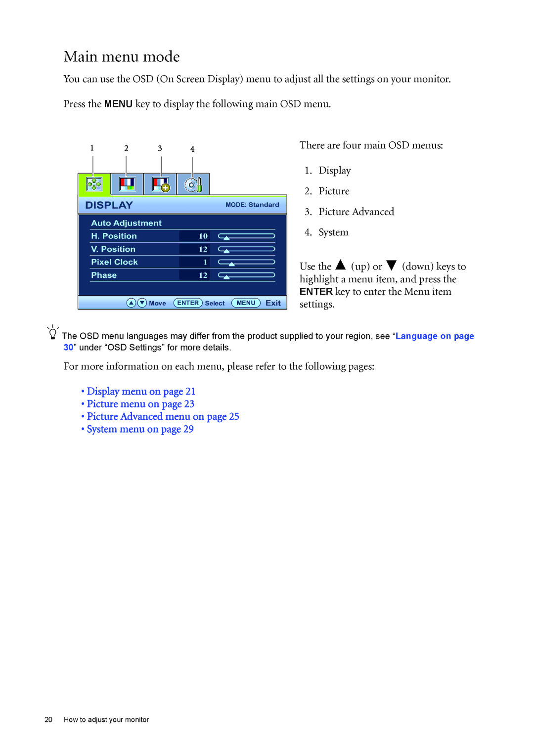 BenQ GL2030 user manual Main menu mode 