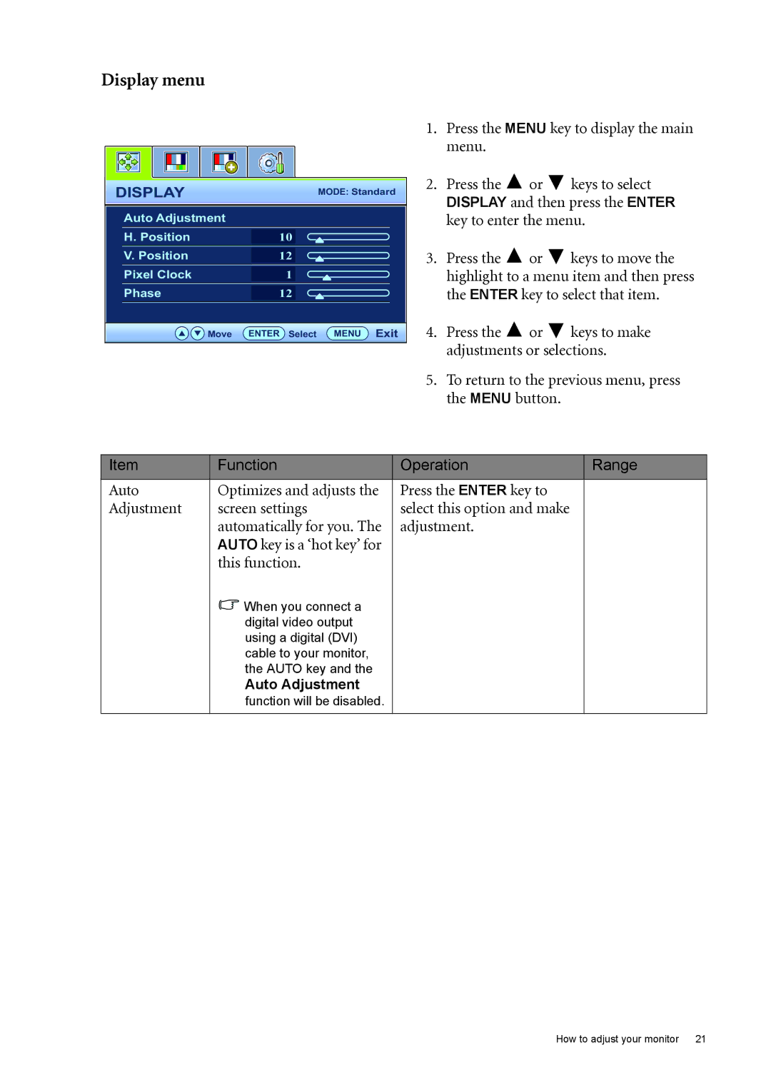 BenQ GL2030 user manual Display menu, This function 