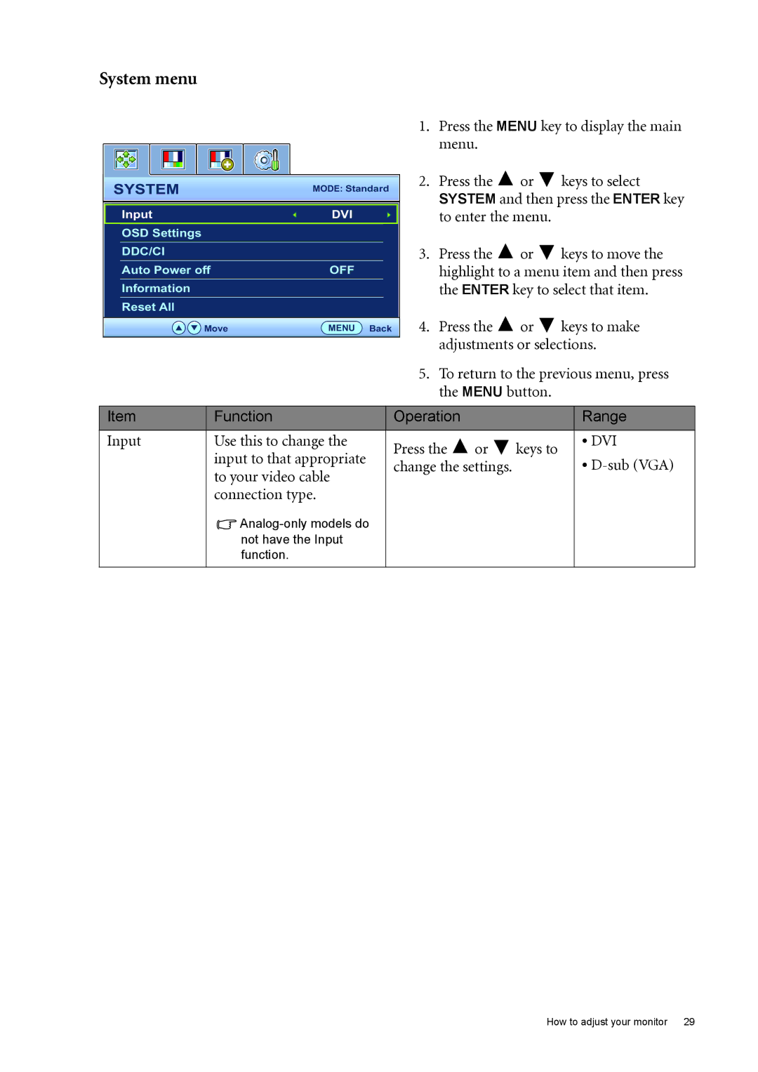 BenQ GL2030 user manual System menu, Dvi, Input to that appropriate Sub VGA, To your video cable Connection type 