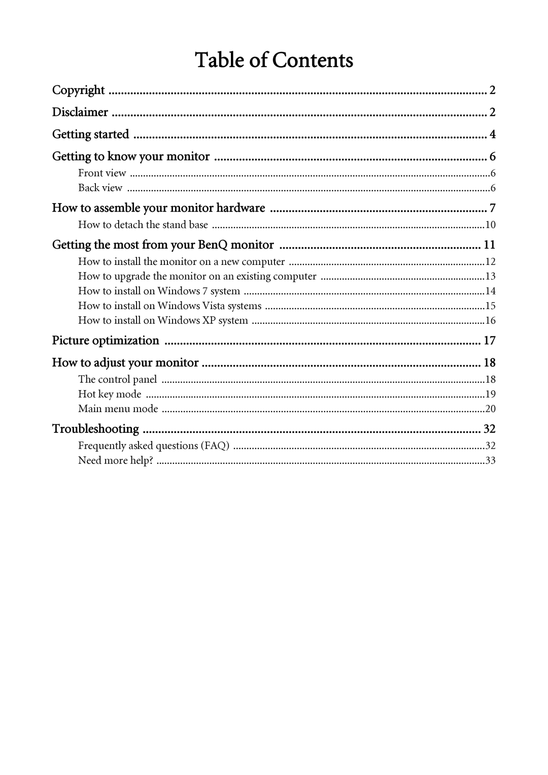 BenQ GL2030 user manual Table of Contents 