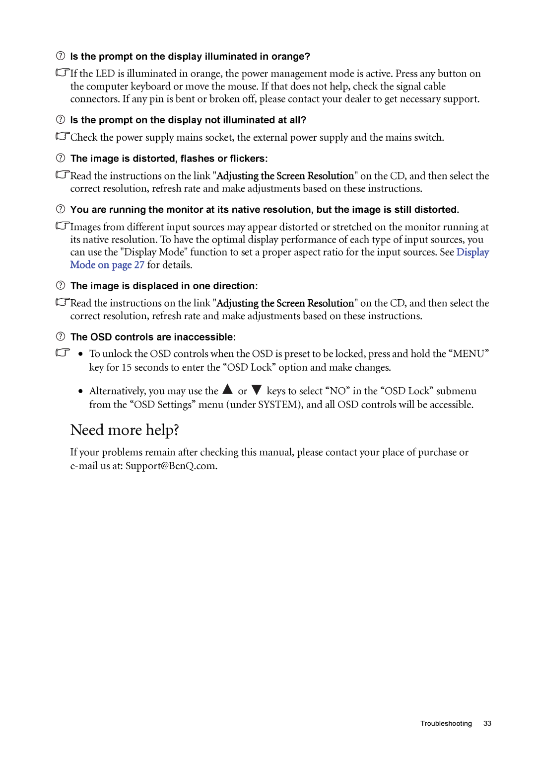 BenQ GL2030 user manual Need more help?, Is the prompt on the display illuminated in orange? 