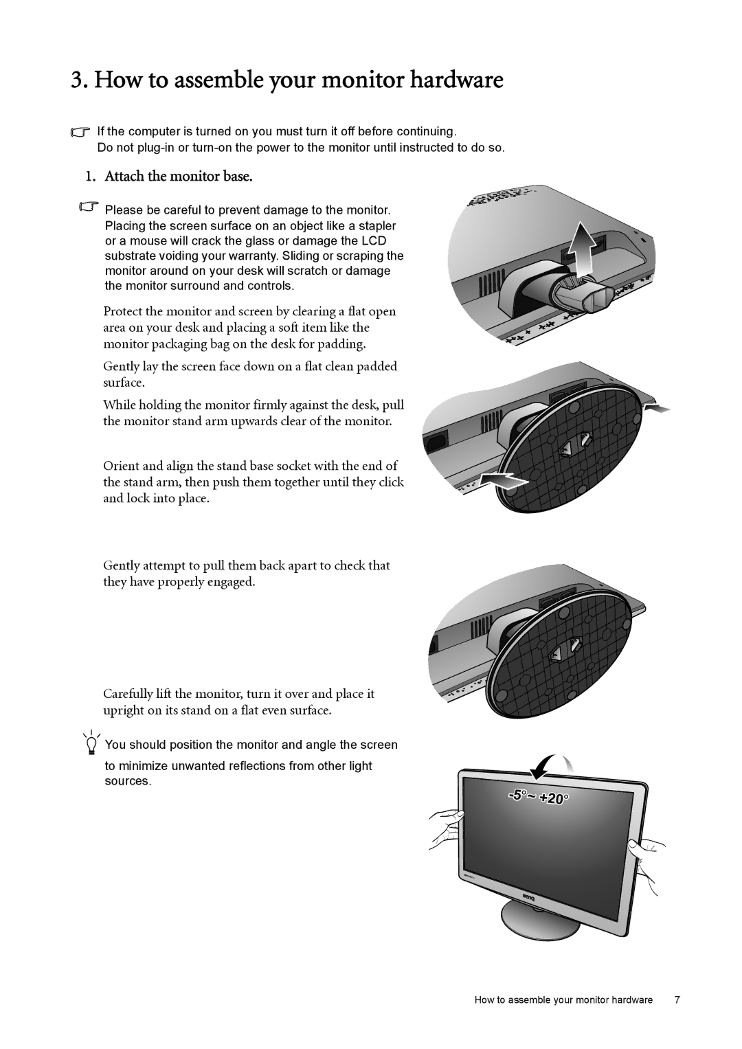 BenQ GL2030 user manual How to assemble your monitor hardware, Attach the monitor base, +20 