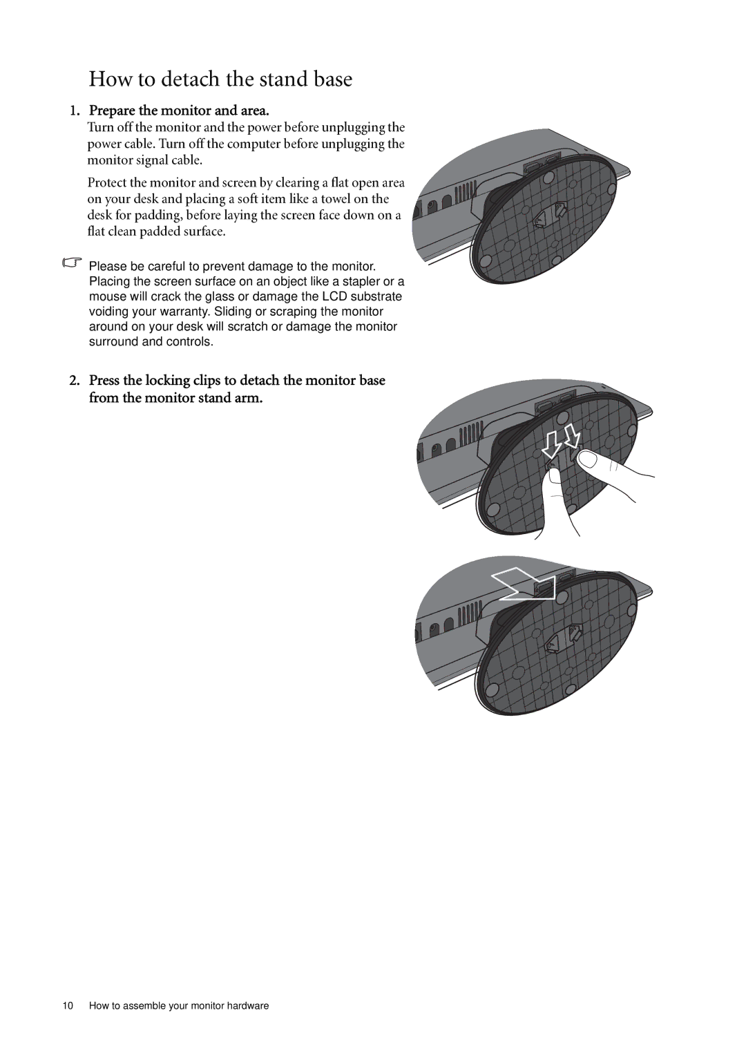 BenQ GL940M/GL940AM, GL2040AM, GL941M/GL941AM, GL2040M, GL2240M How to detach the stand base, Prepare the monitor and area 