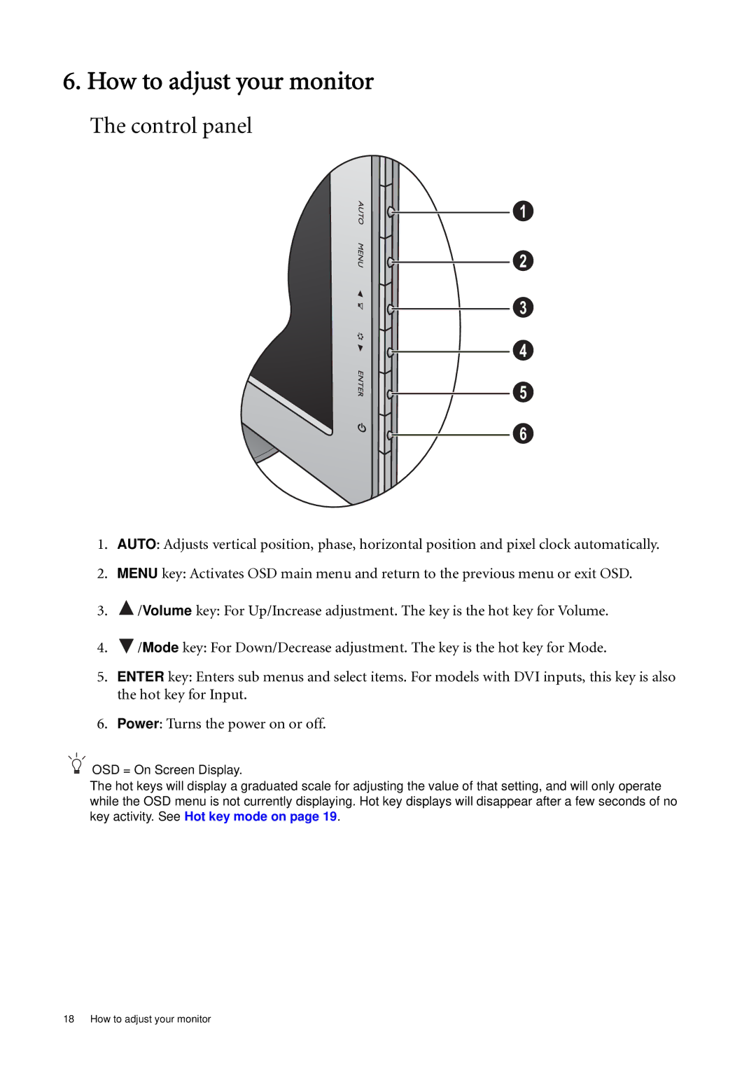 BenQ GL940AM, GL941M/GL941AM, GL2040M/GL2040AM, GL2240M/GL2240AM, GL940M How to adjust your monitor, Control panel 