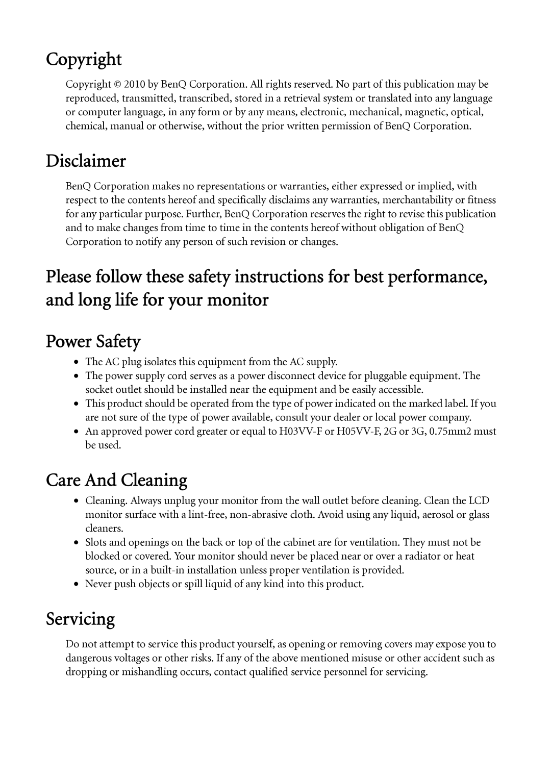 BenQ GL941A, GL940 Copyright, Disclaimer, Care And Cleaning, Servicing, AC plug isolates this equipment from the AC supply 