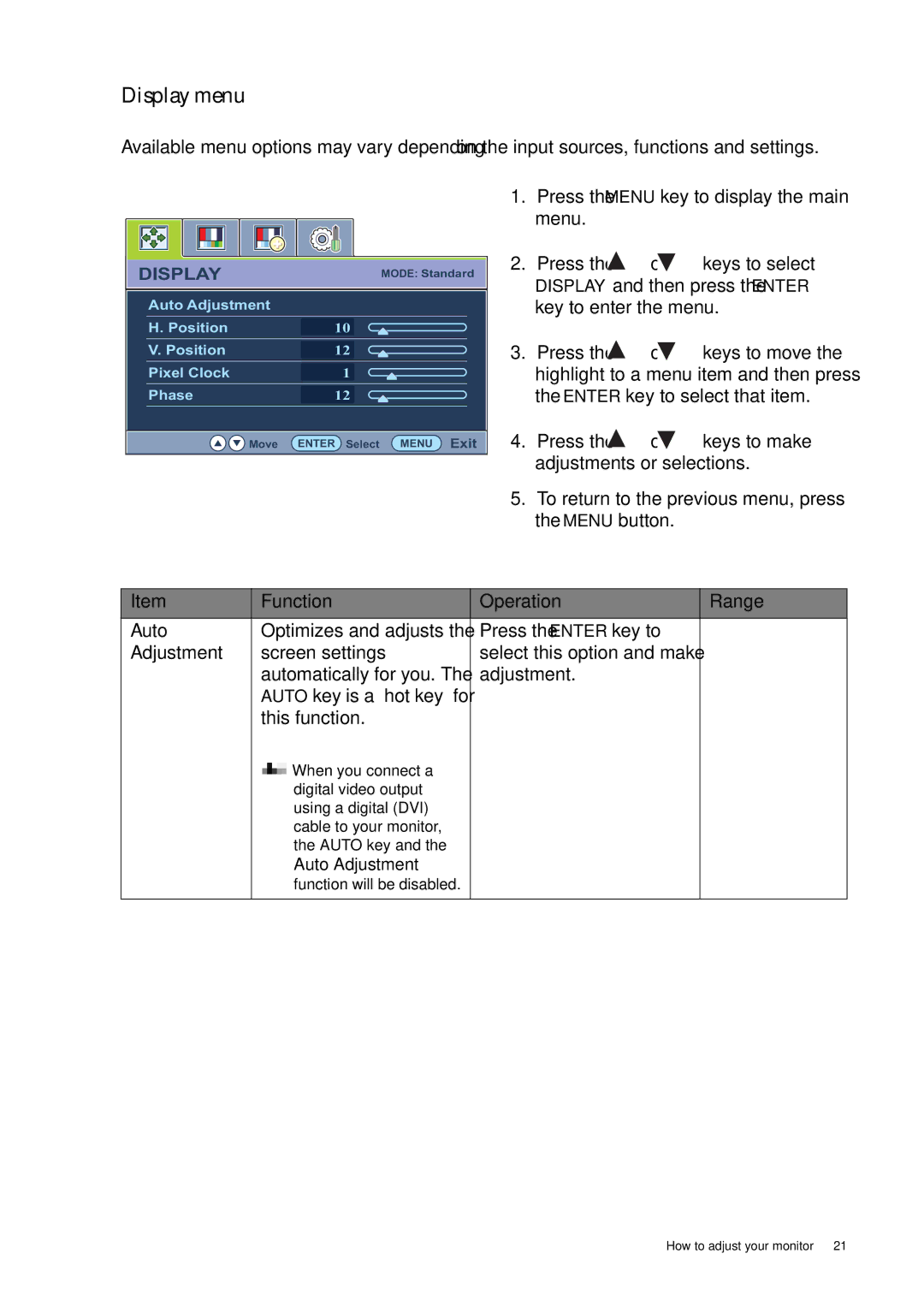 BenQ GL2040A, GL940A, GL941A, GL2440, GL2240A user manual Display menu, This function 