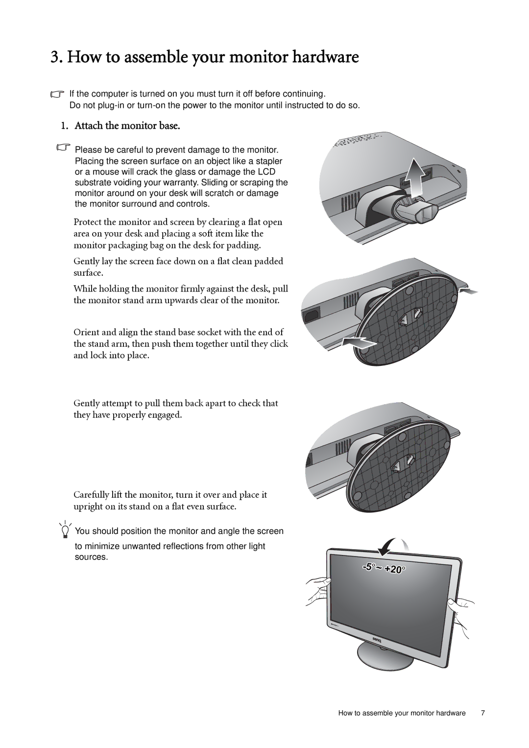 BenQ GL940A, GL941A, GL2040A, GL2440, GL2240A user manual How to assemble your monitor hardware, Attach the monitor base 