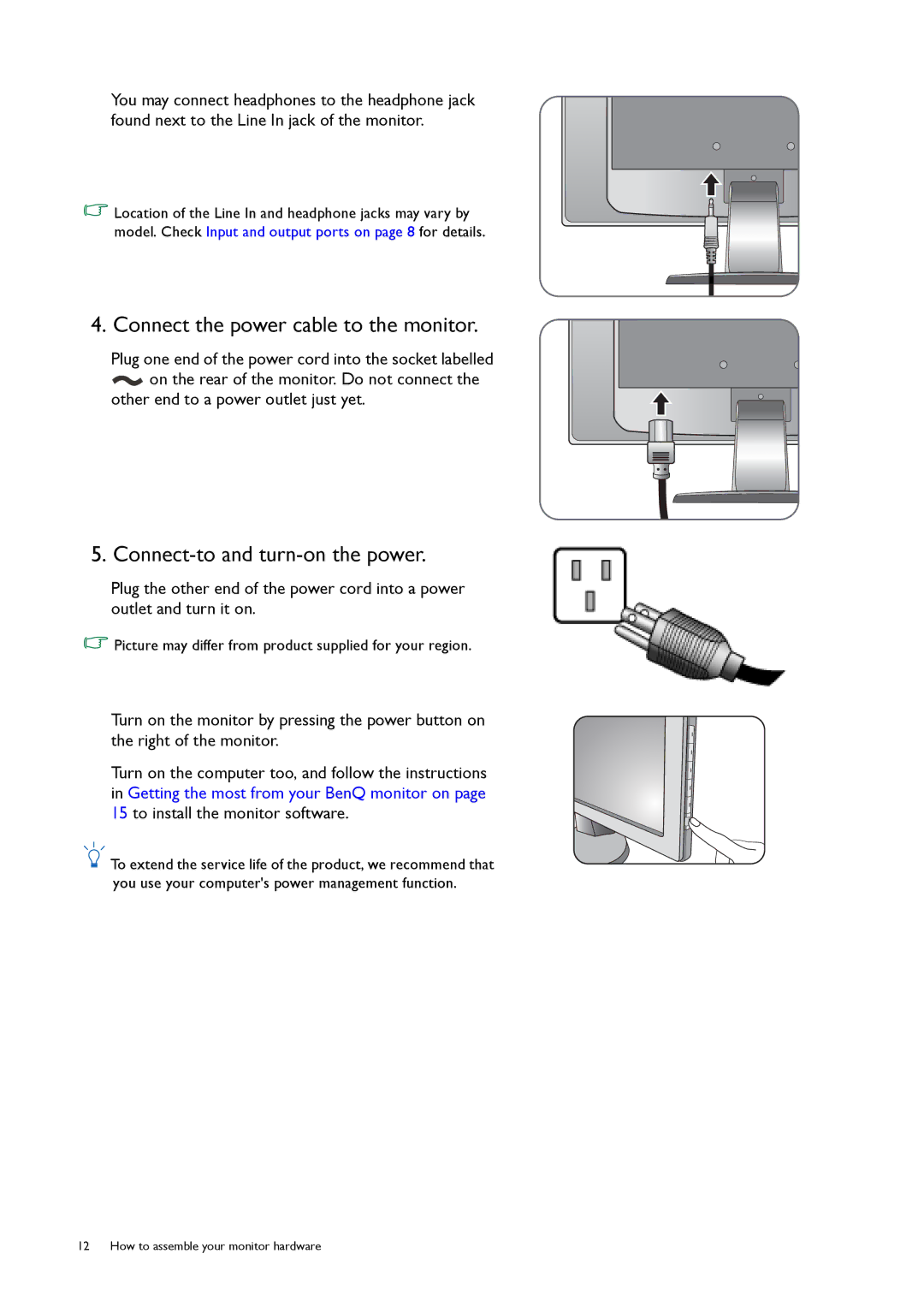 BenQ GW2750HM, GW2255, GW2450 user manual Connect the power cable to the monitor, Connect-to and turn-on the power 