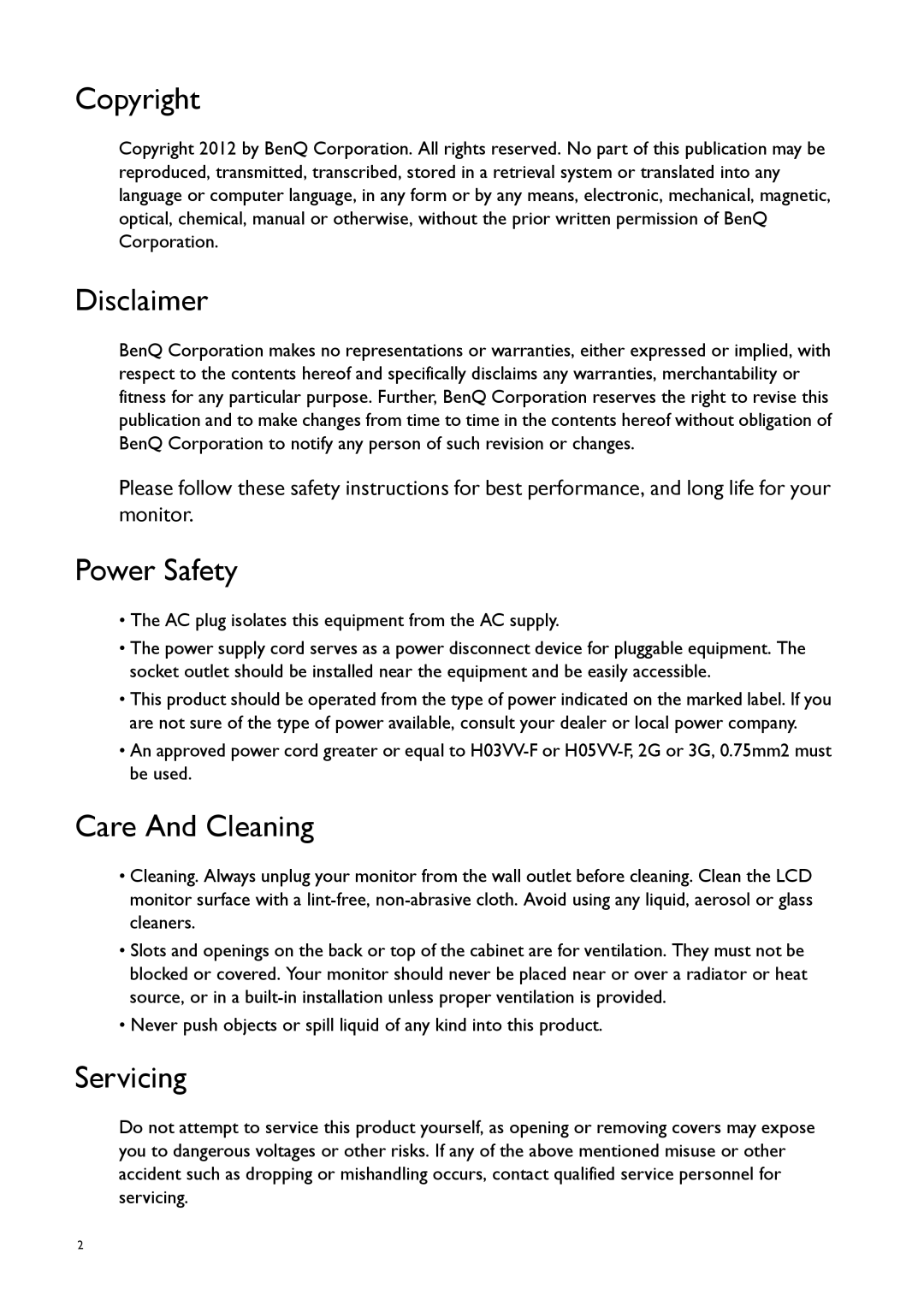 BenQ GW2450, GW2750HM, GW2255 user manual Copyright, Disclaimer, Power Safety, Care And Cleaning, Servicing 