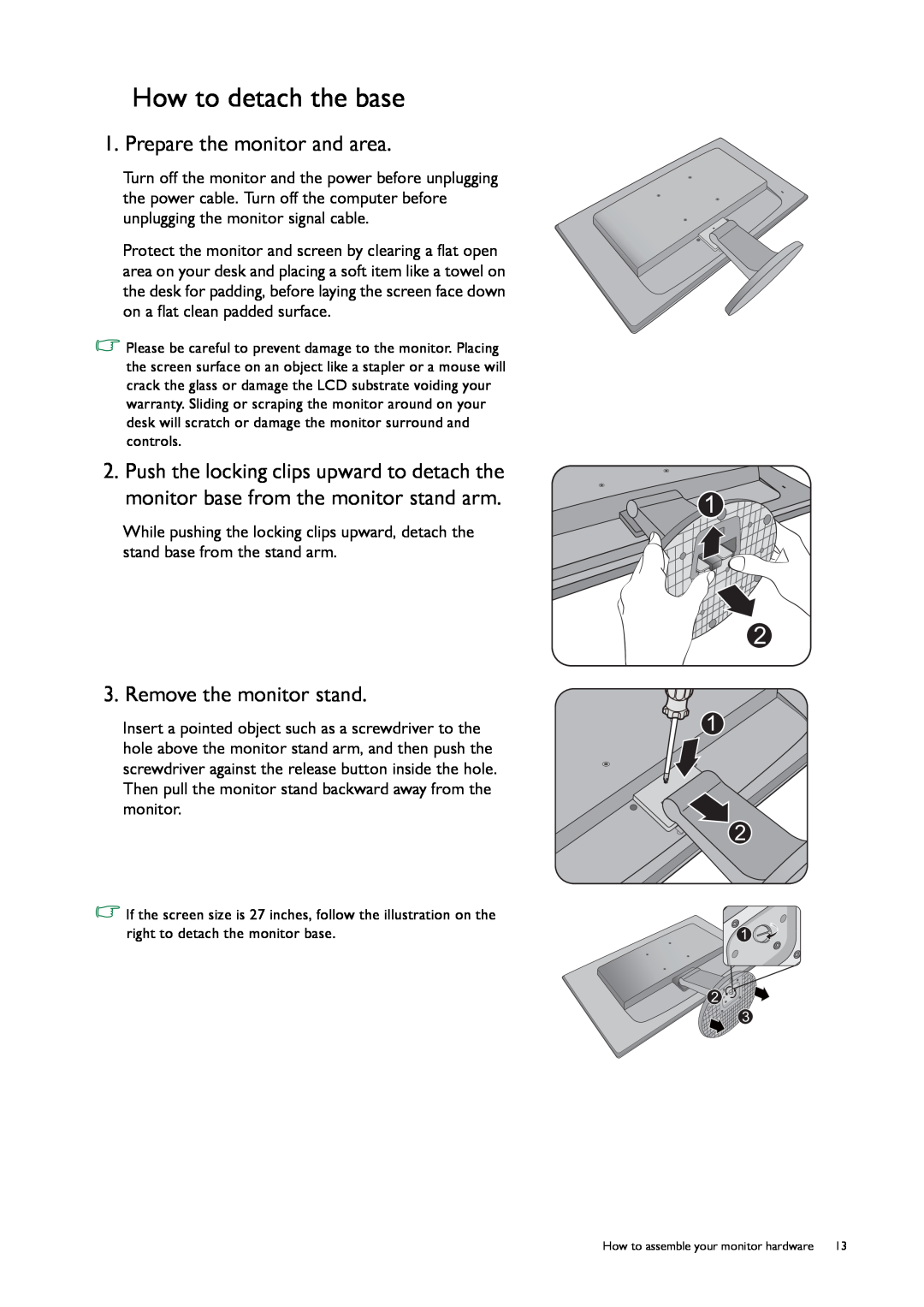 BenQ GW2255, GW2750HM, GW2450 user manual How to detach the base, Prepare the monitor and area, Remove the monitor stand 