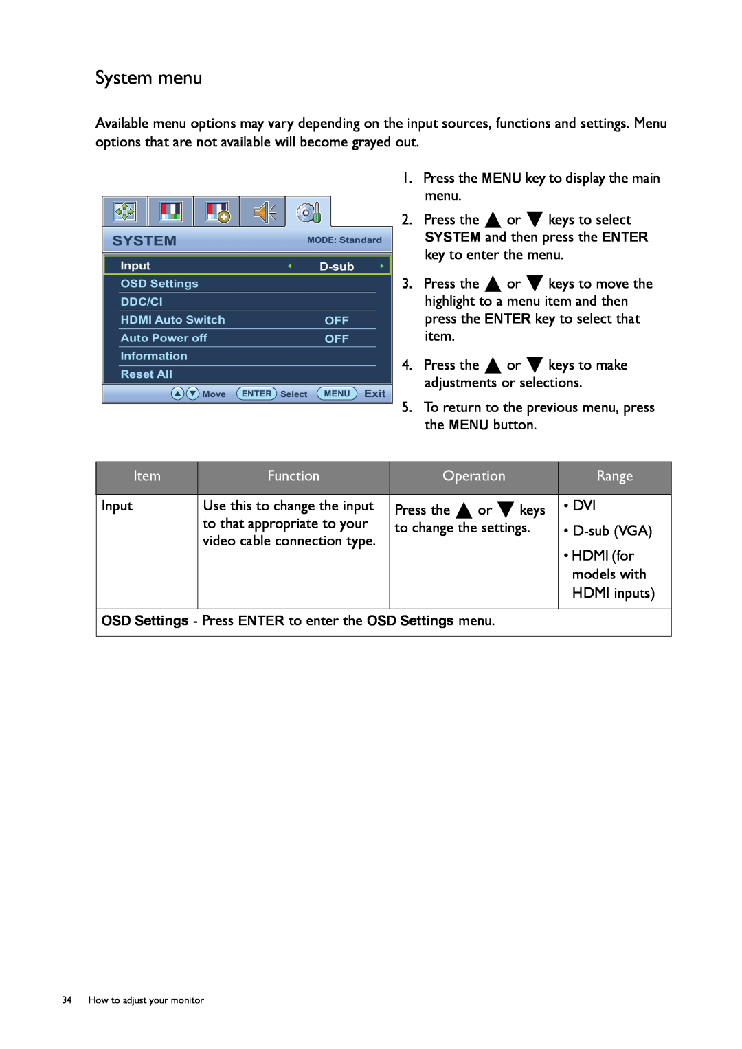 BenQ GW2255, GW2750HM System menu, Function, Operation, Range, OSD Settings - Press ENTER to enter the OSD Settings menu 