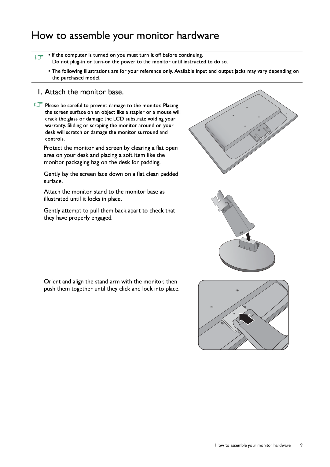 BenQ GW2750HM, GW2255, GW2450 user manual How to assemble your monitor hardware, Attach the monitor base 