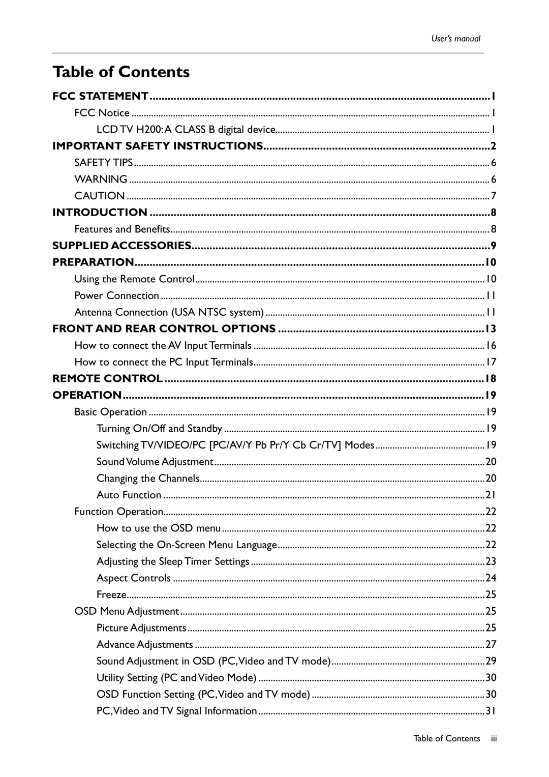 BenQ H200:A user manual Table of Contents 