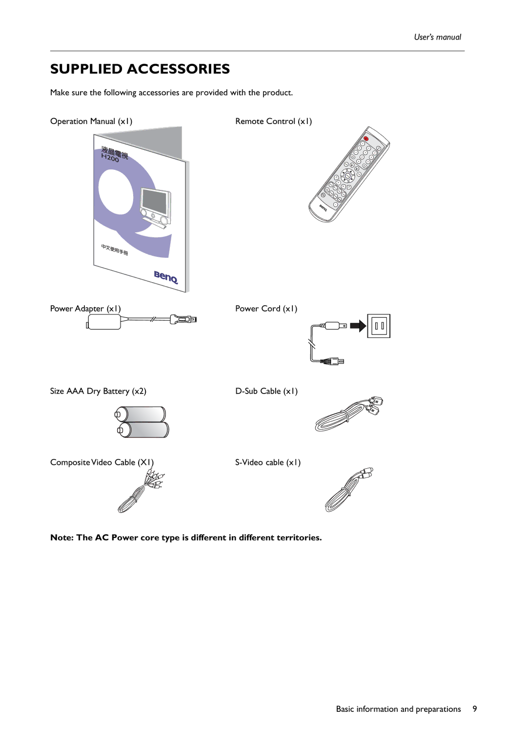 BenQ H200:A user manual Supplied Accessories 