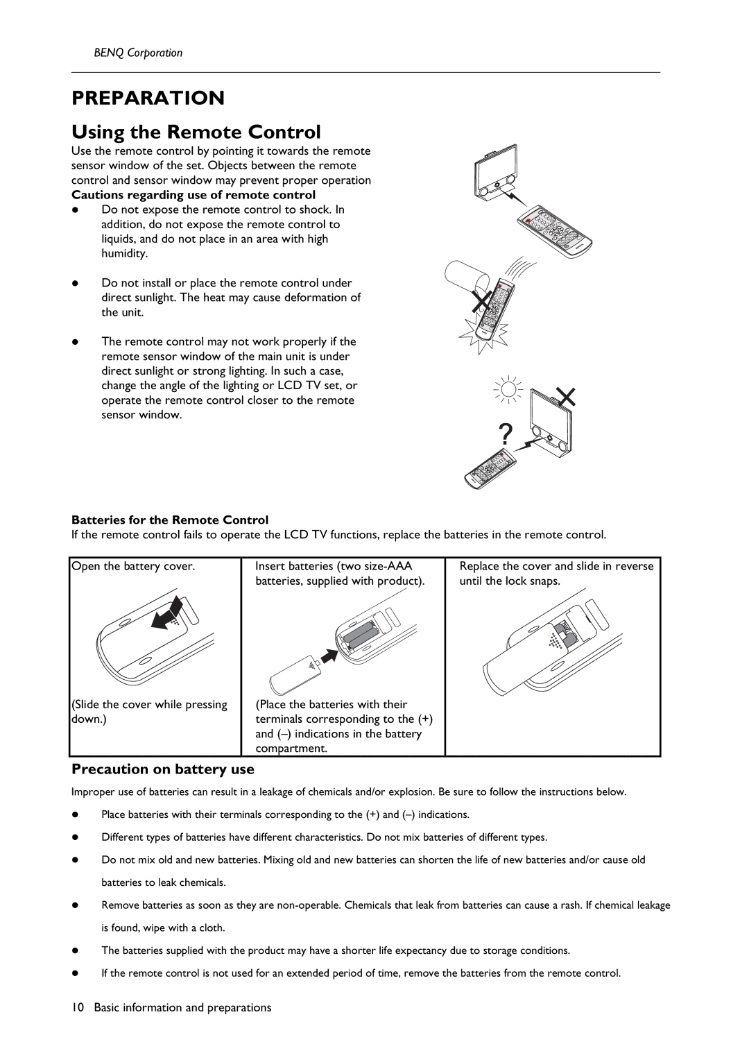 BenQ H200:A user manual Preparation, Using the Remote Control, Precaution on battery use, Batteries for the Remote Control 