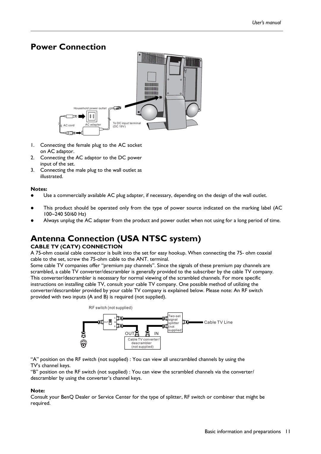 BenQ H200:A user manual Power Connection, Antenna Connection USA Ntsc system, Cable TV Catv Connection 