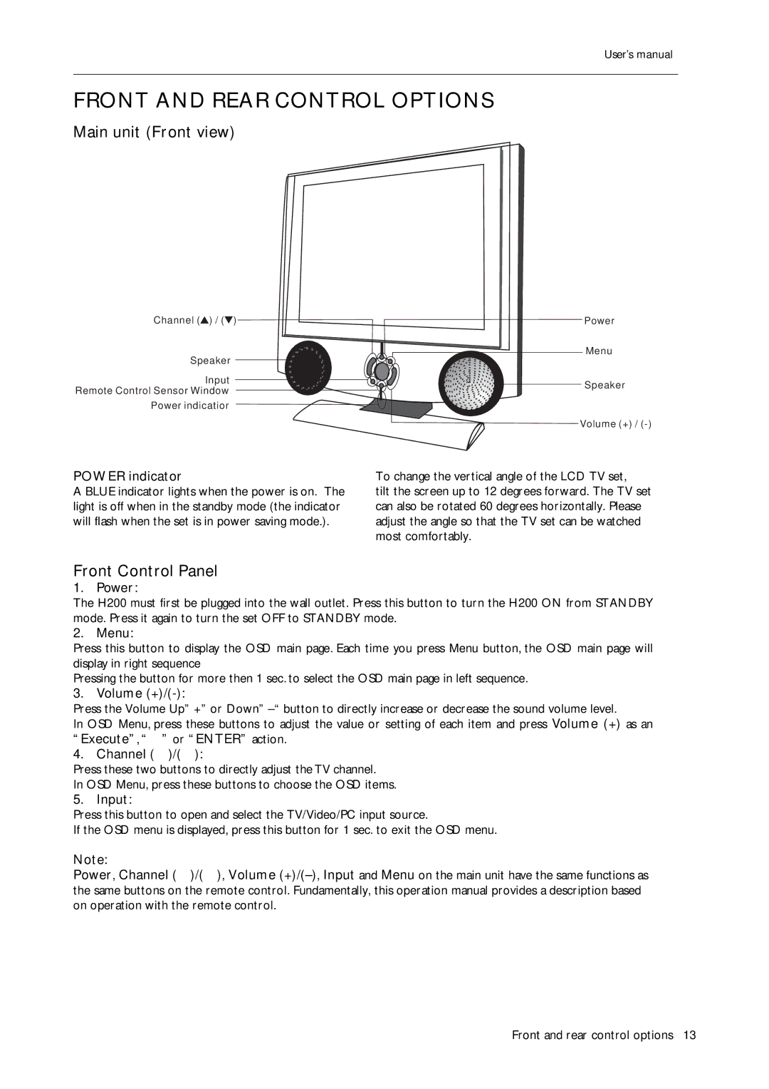 BenQ H200:A user manual Front and Rear Control Options, Main unit Front view, Front Control Panel 