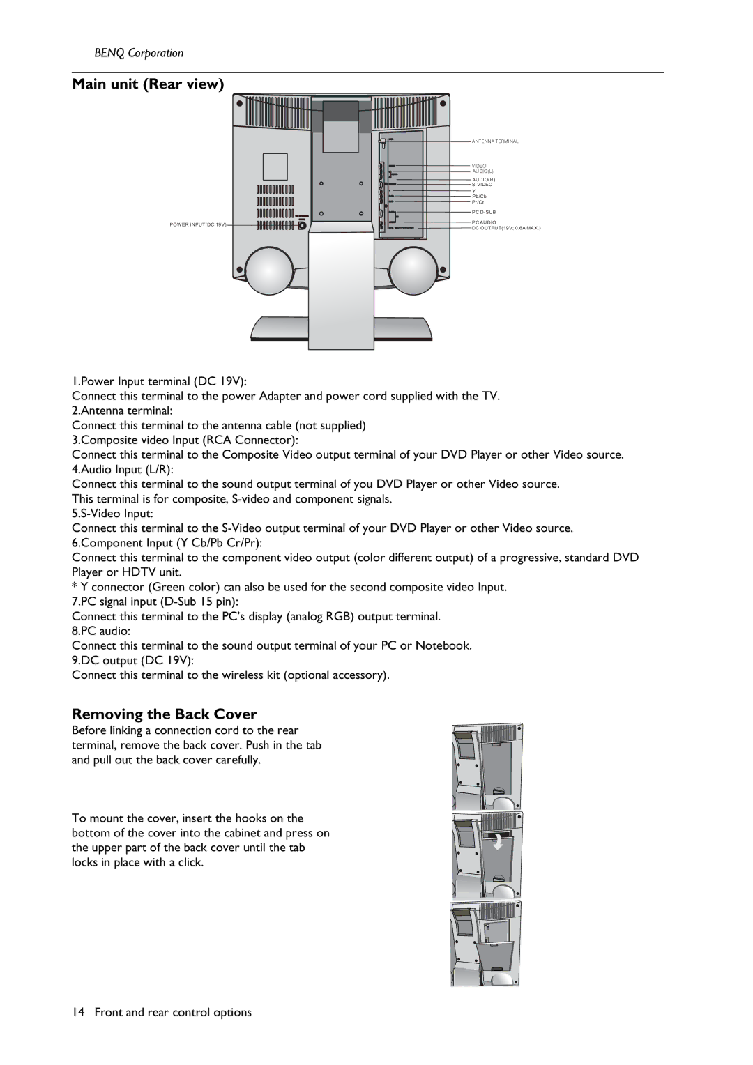 BenQ H200:A user manual Main unit Rear view, Removing the Back Cover 