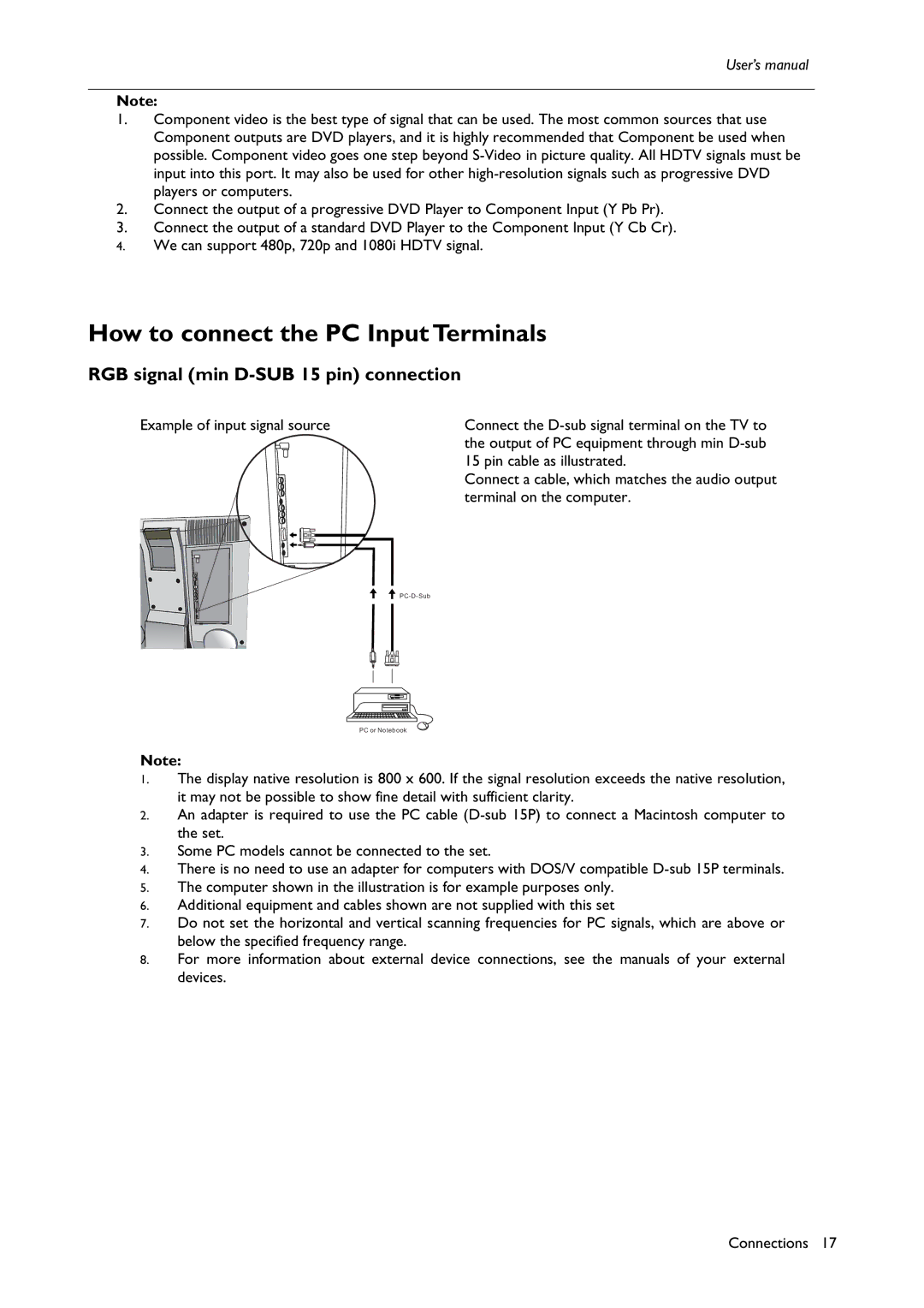 BenQ H200:A user manual How to connect the PC Input Terminals, RGB signal min D-SUB 15 pin connection 