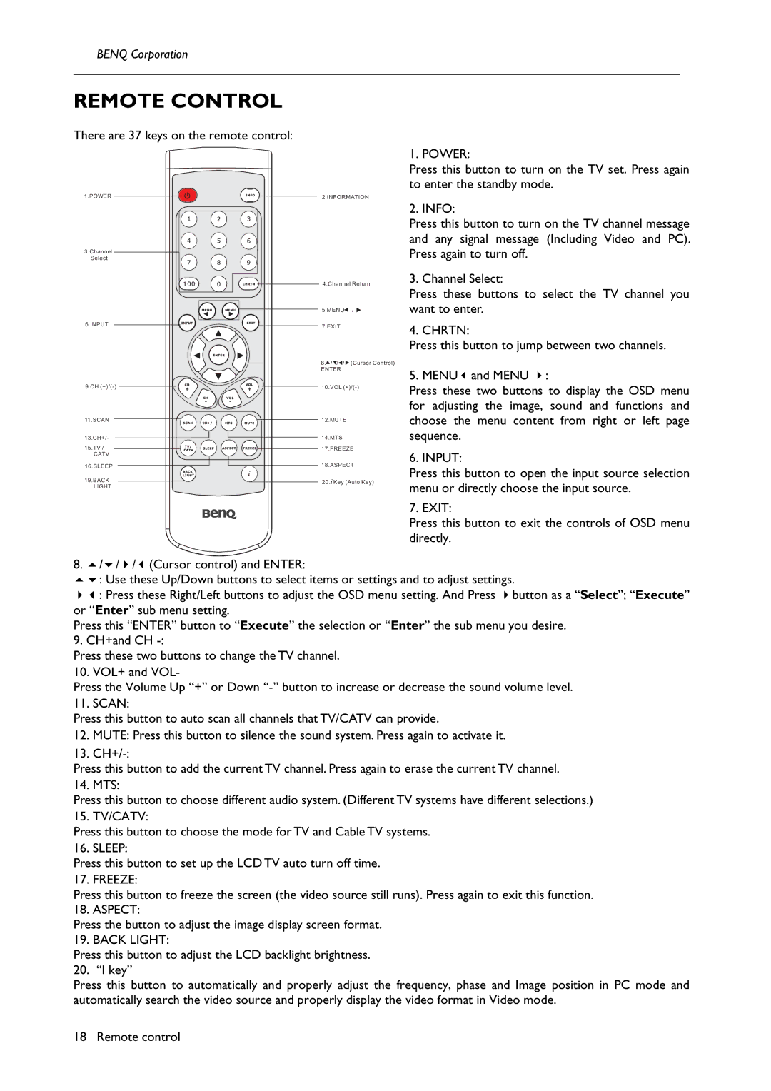 BenQ H200:A user manual Remote Control 