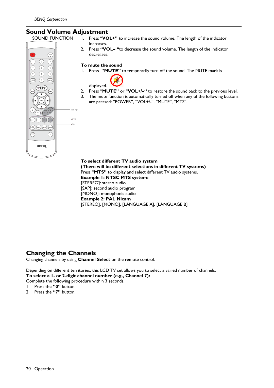 BenQ H200:A user manual Sound Volume Adjustment, Changing the Channels 