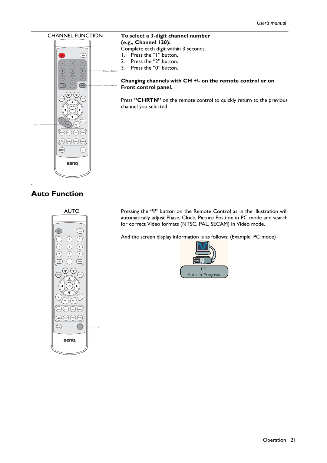 BenQ H200:A user manual Auto Function, Channel Function, To select a 3-digit channel number e.g., Channel 