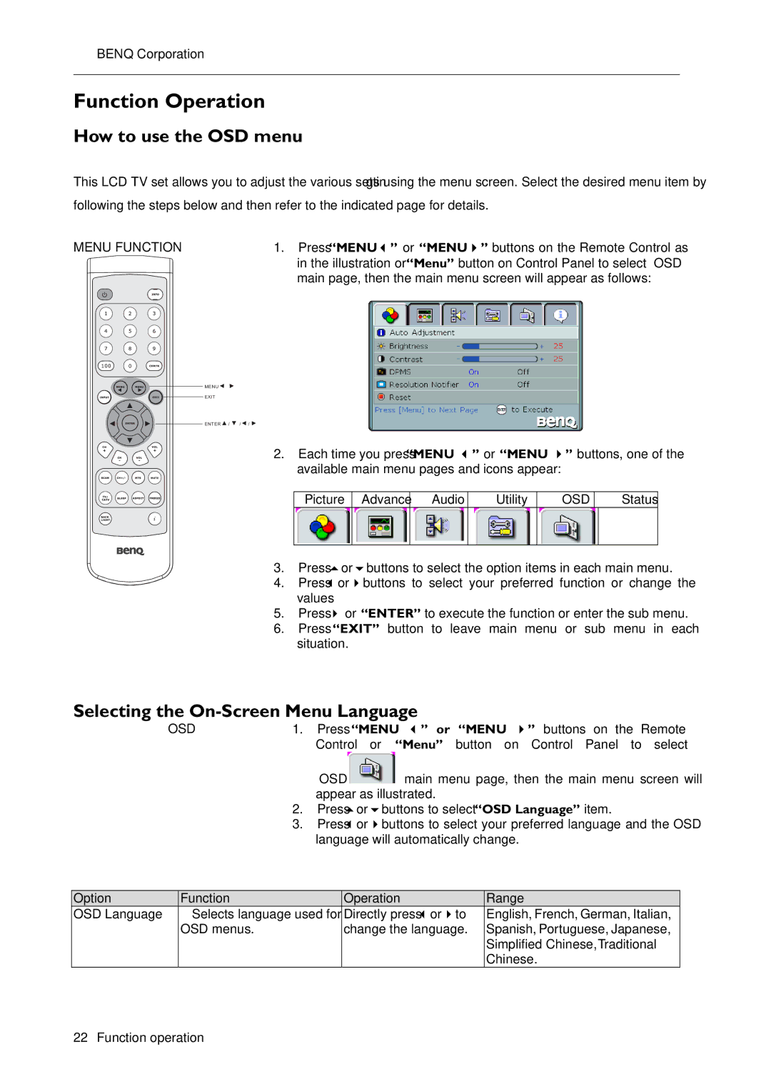 BenQ H200:A Function Operation, How to use the OSD menu, Selecting the On-Screen Menu Language, Press Menu or Menu 