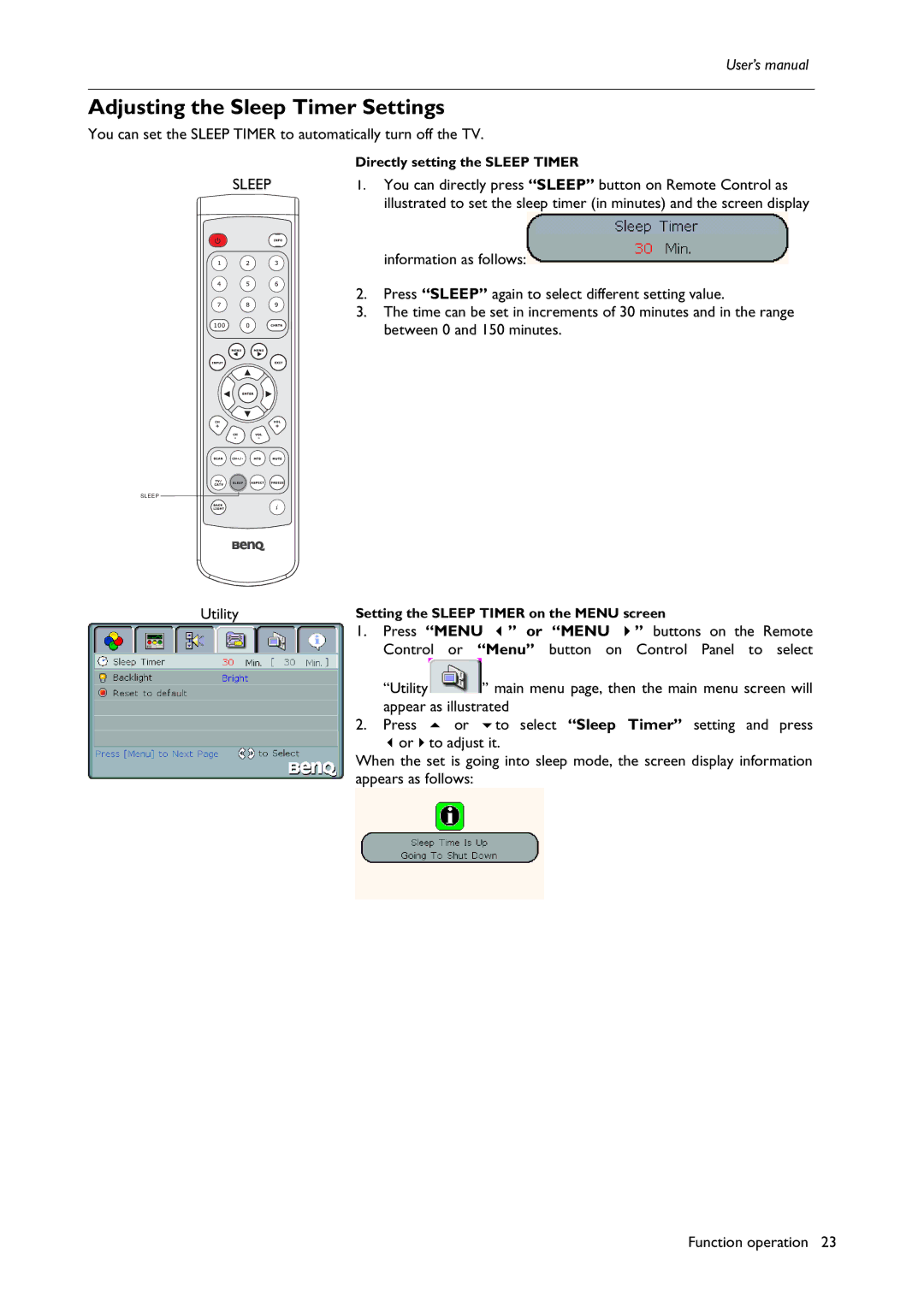 BenQ H200:A user manual Adjusting the Sleep Timer Settings 