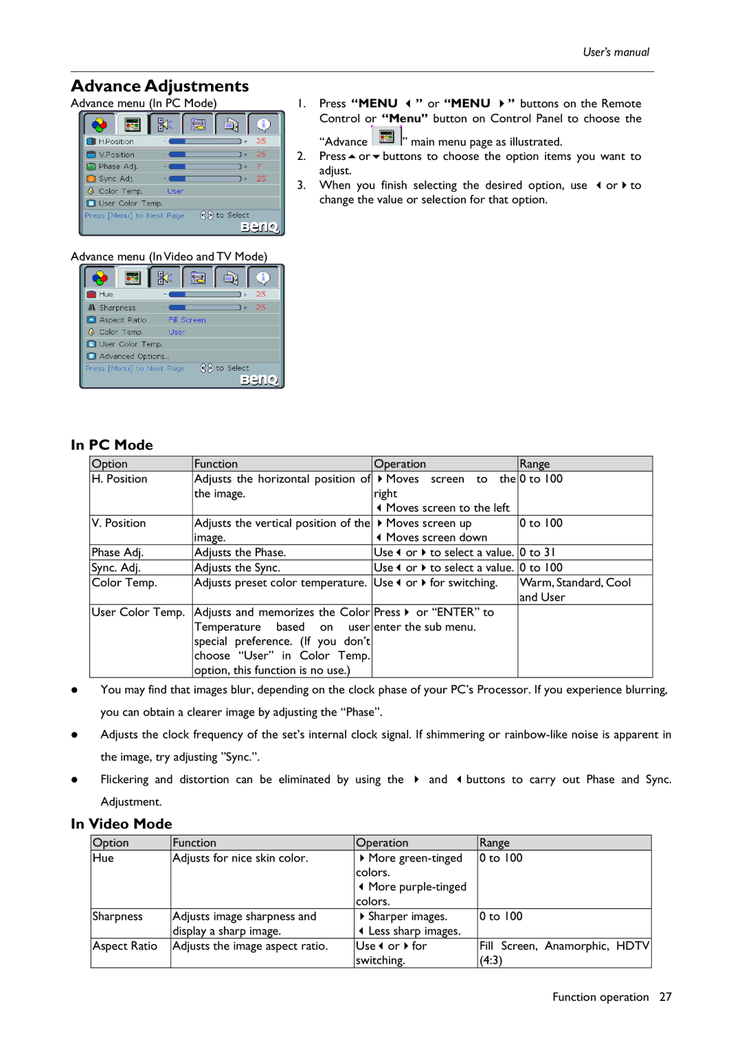 BenQ H200:A user manual Advance Adjustments 