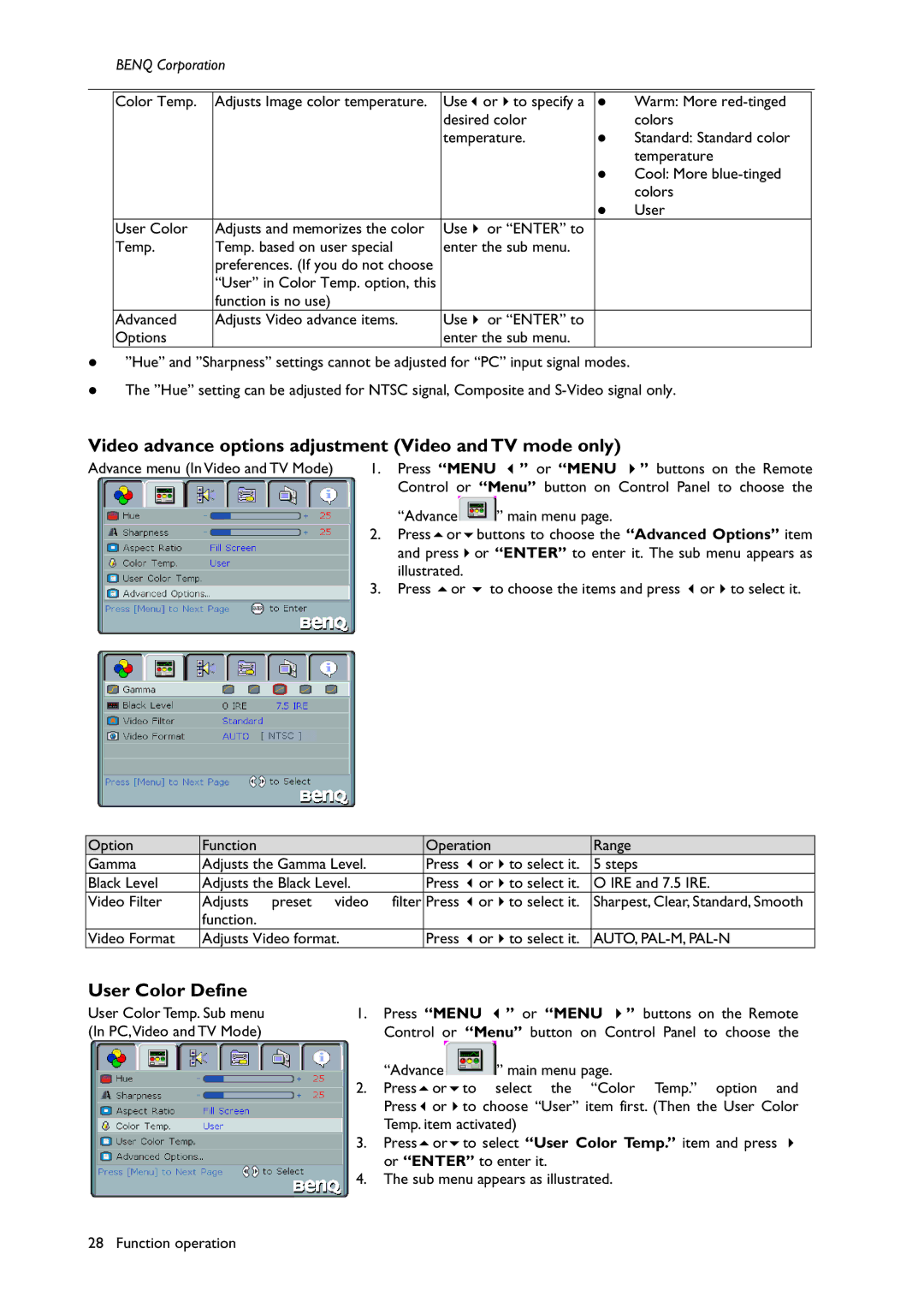 BenQ H200:A user manual Video advance options adjustment Video and TV mode only, User Color Define, Auto, Pal-M, Pal-N 