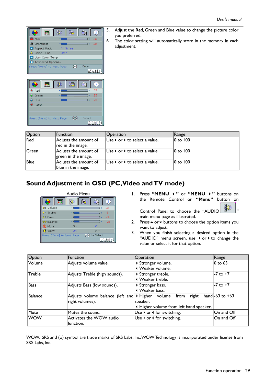 BenQ H200:A user manual Sound Adjustment in OSD PC,Video and TV mode, Wow 