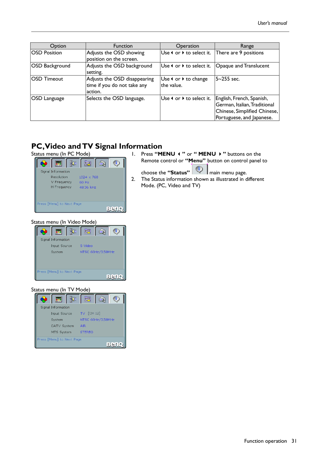 BenQ H200:A user manual PC,Video and TV Signal Information 