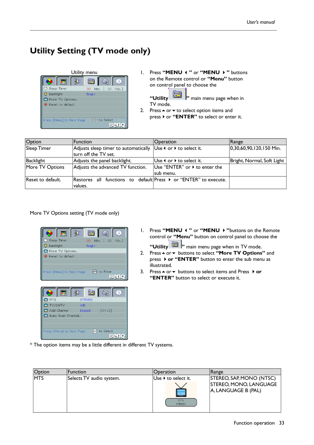 BenQ H200:A user manual Utility Setting TV mode only, Mts, Language B PAL 