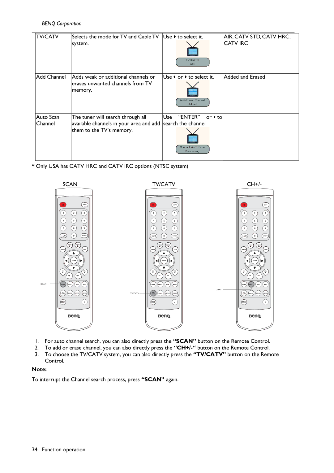 BenQ H200:A user manual Tv/Catv, AIR, Catv STD, Catv HRC, Catv IRC, Scan TV/CATV 