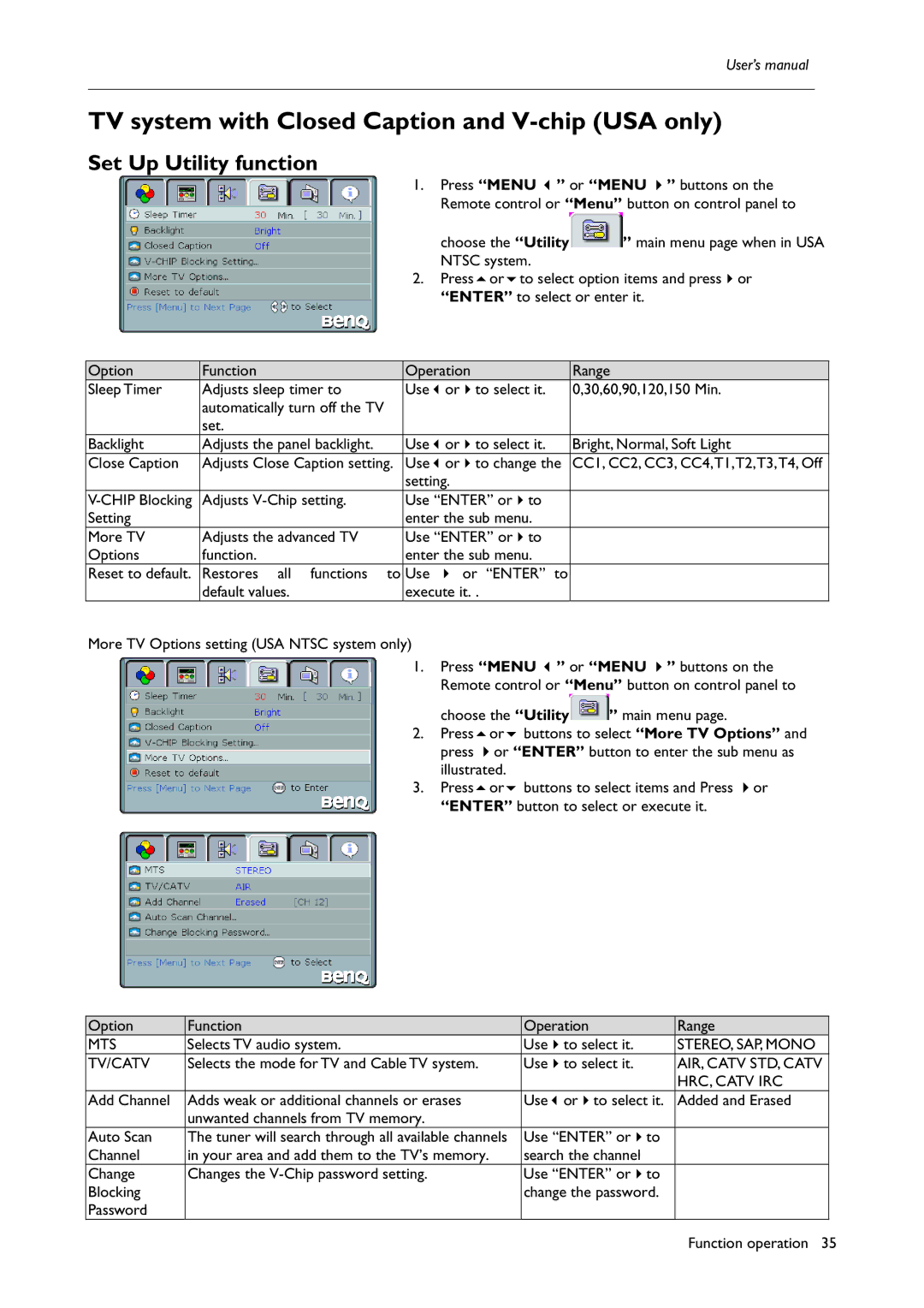 BenQ H200:A user manual TV system with Closed Caption and V-chip USA only, Set Up Utility function, HRC, Catv IRC 