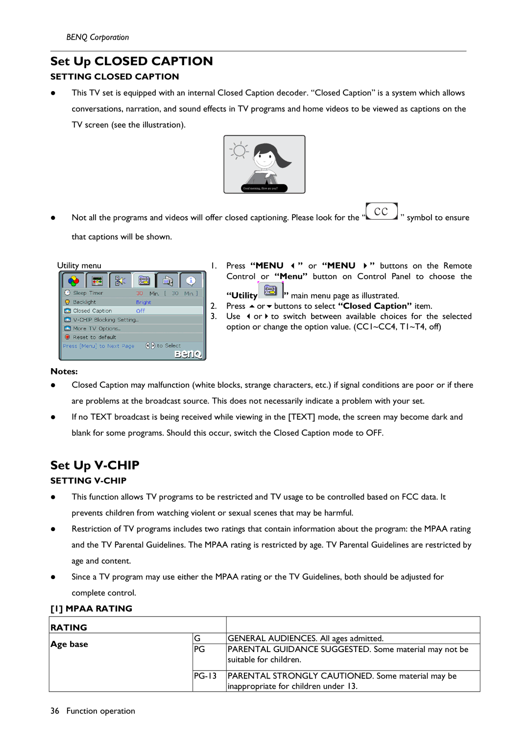 BenQ H200:A user manual Set Up Closed Caption, Set Up V-CHIP, Setting Closed Caption, Setting V-CHIP, Mpaa Rating 