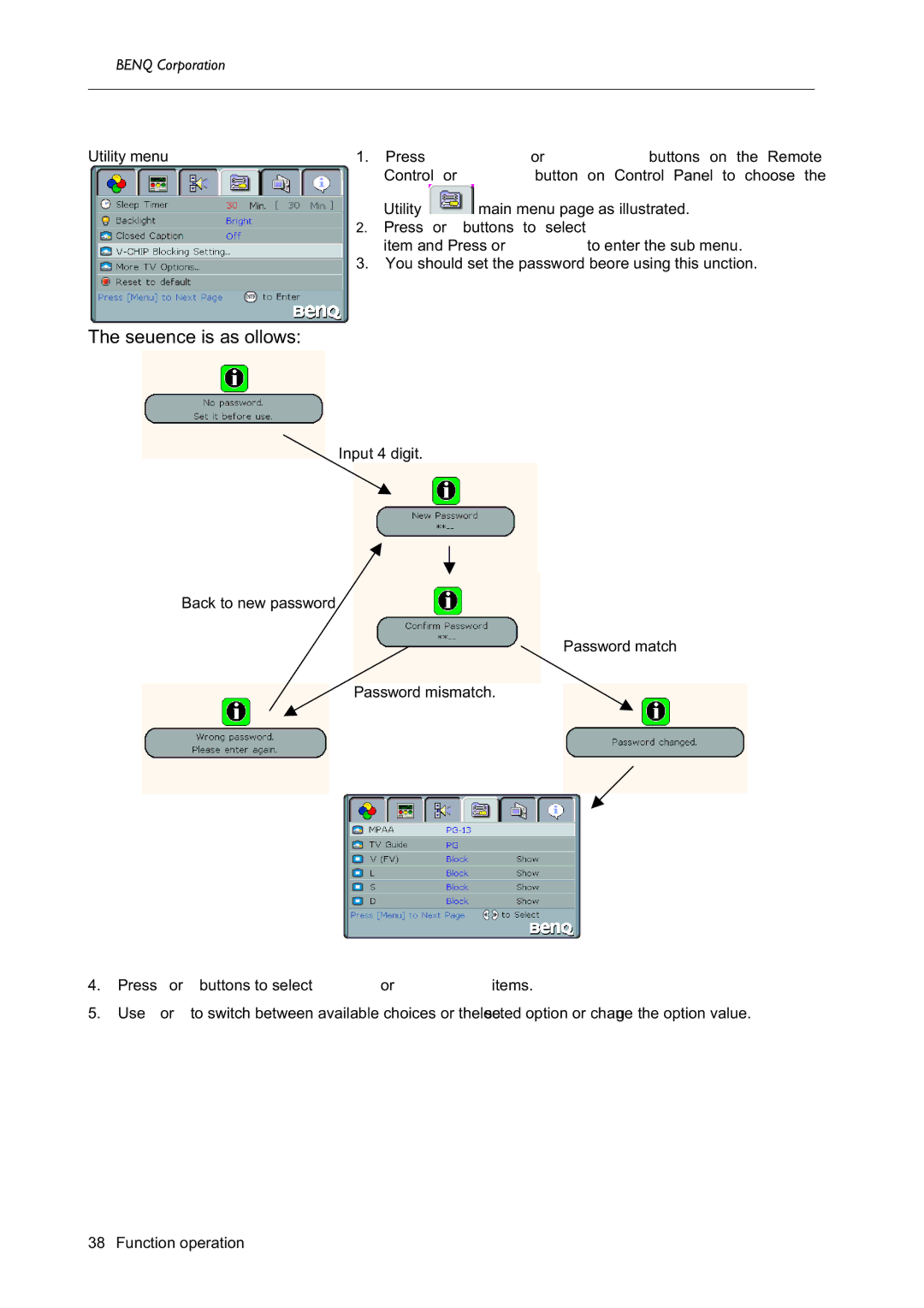 BenQ H200:A user manual Adjust V-Chip setting, First Time SET UP V-CHIP 