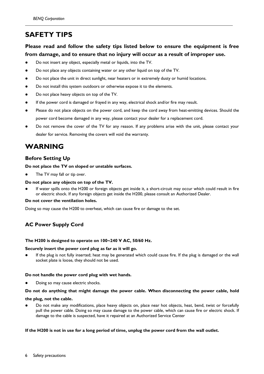 BenQ H200:A user manual Safety Tips, Before Setting Up, AC Power Supply Cord 