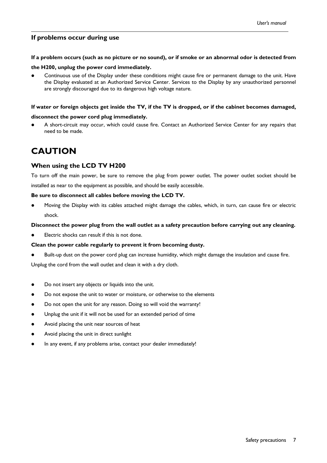 BenQ H200:A user manual If problems occur during use, When using the LCD TV H200 