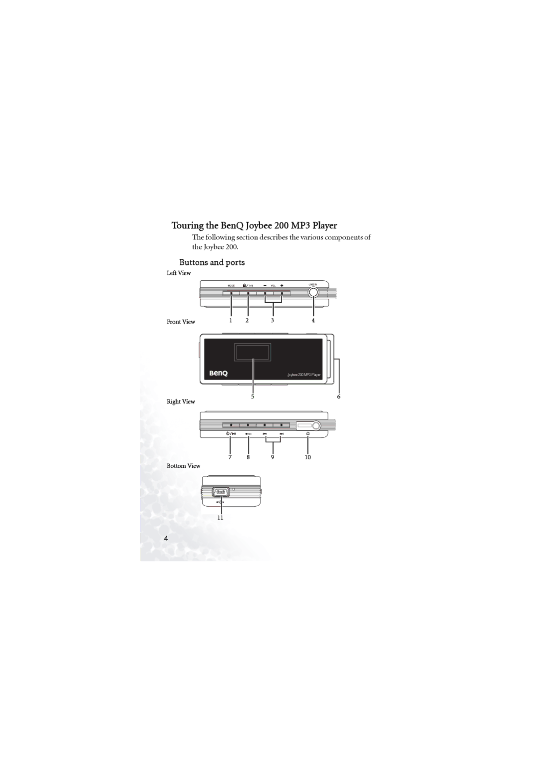 BenQ user manual Touring the BenQ Joybee 200 MP3 Player 