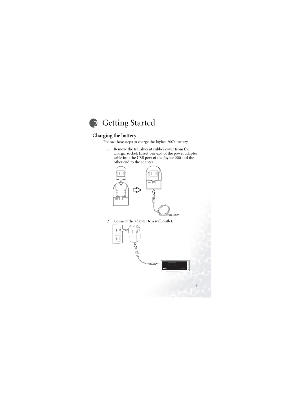 BenQ Joybee 200 user manual Charging the battery, Connect the adapter to a wall outlet 