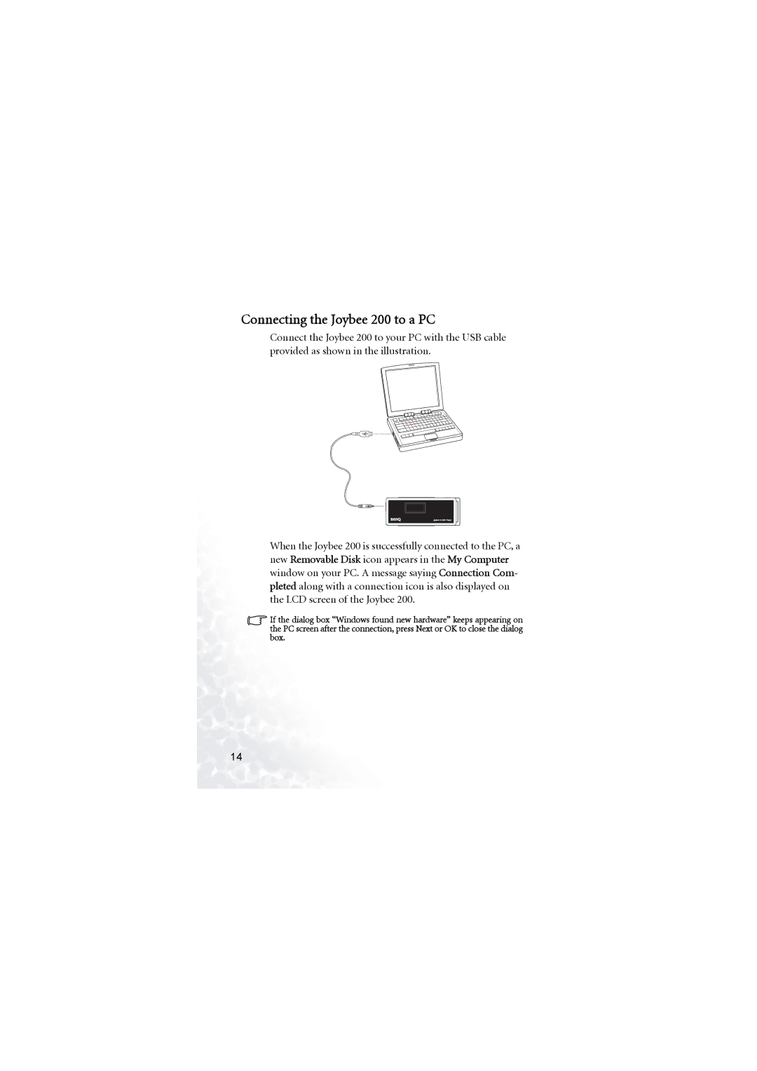 BenQ user manual Connecting the Joybee 200 to a PC 