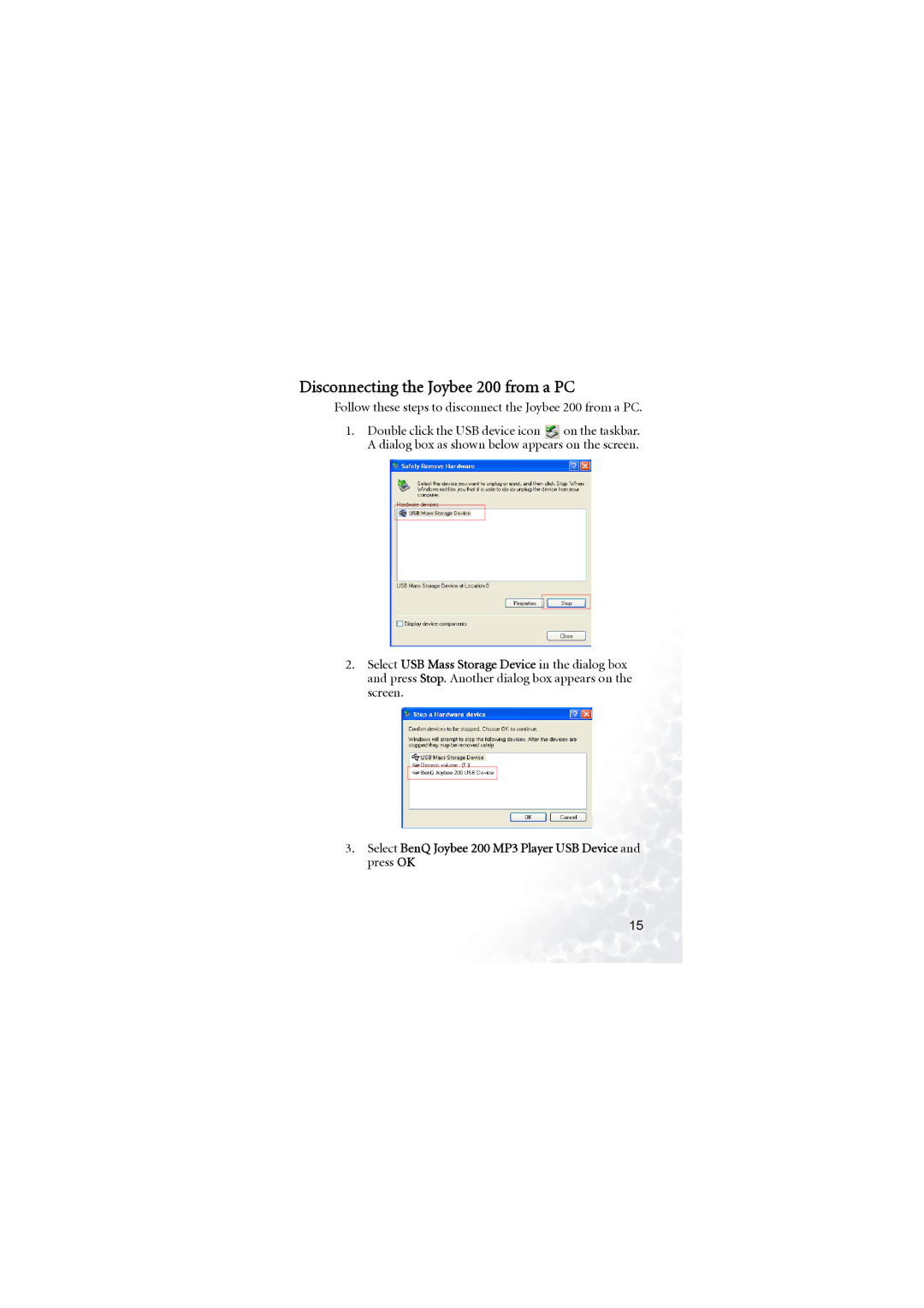 BenQ user manual Disconnecting the Joybee 200 from a PC 