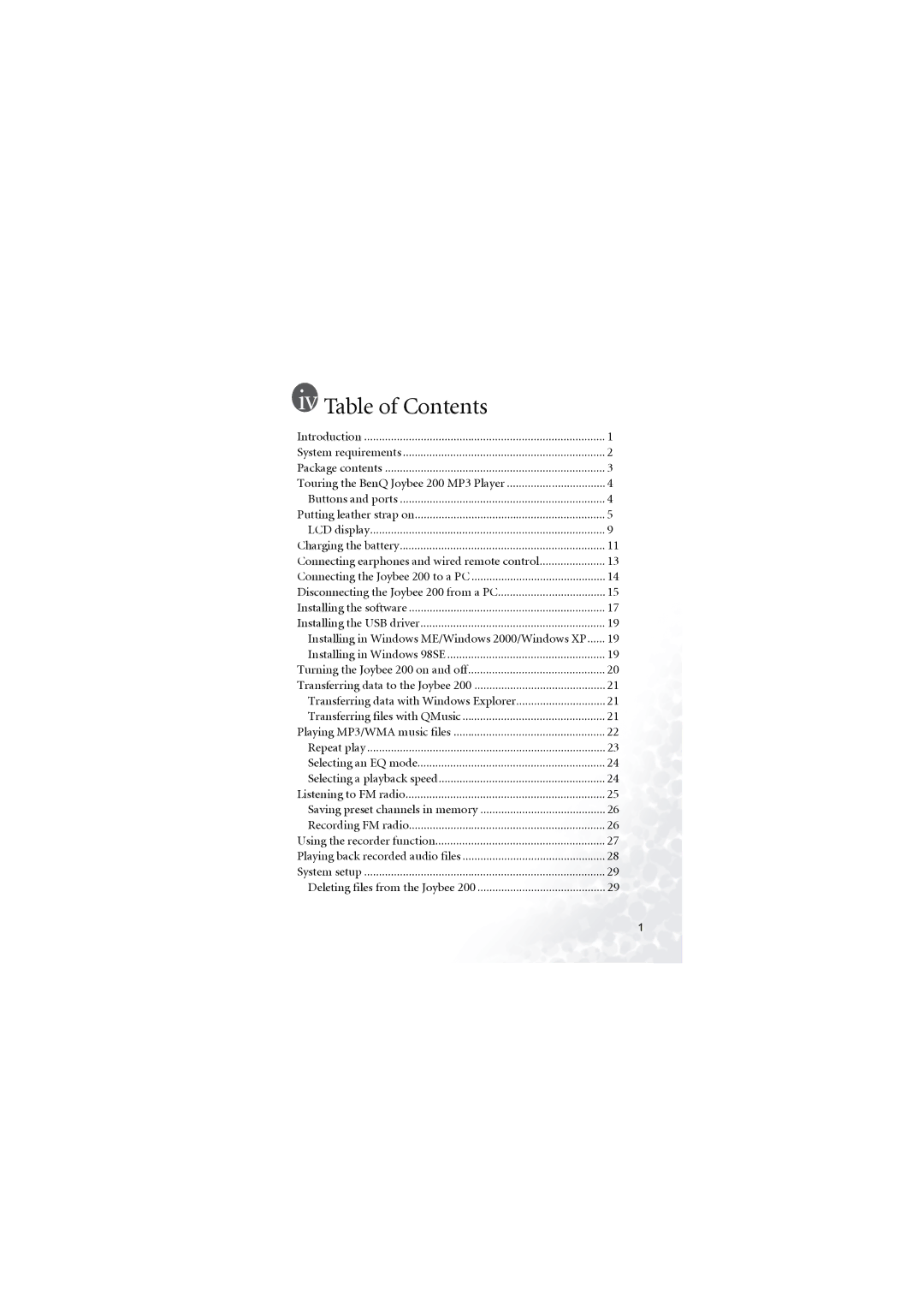 BenQ Joybee 200 user manual Table of Contents 