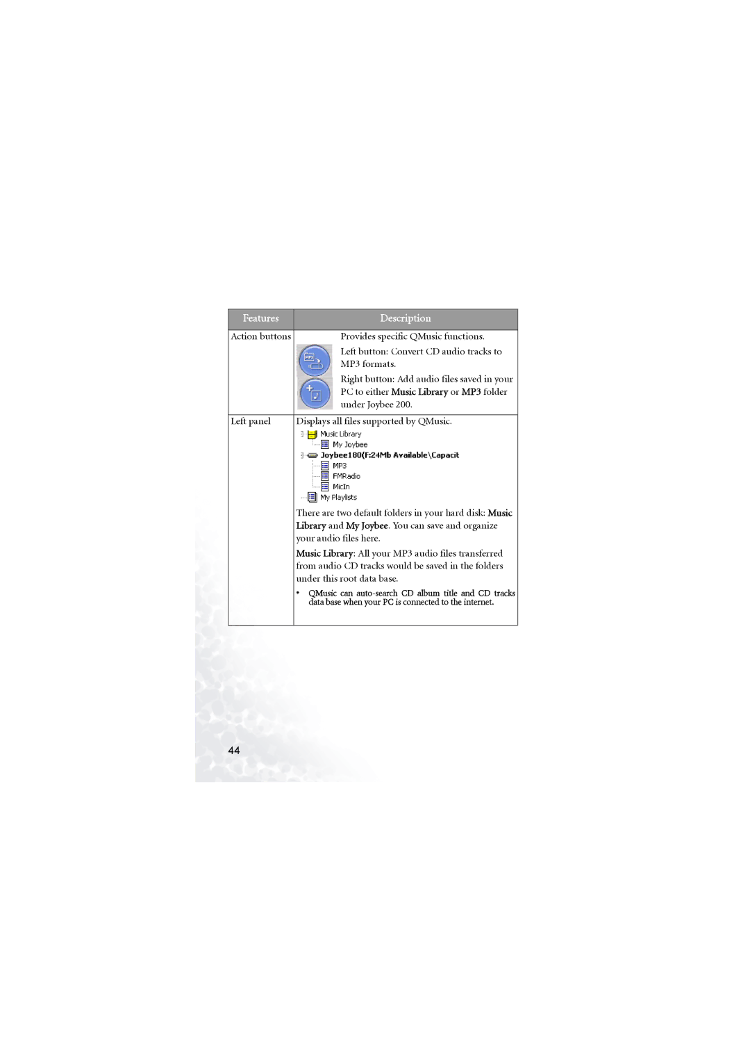 BenQ Joybee 200 Provides specific QMusic functions, Left button Convert CD audio tracks to, MP3 formats, Under Joybee 