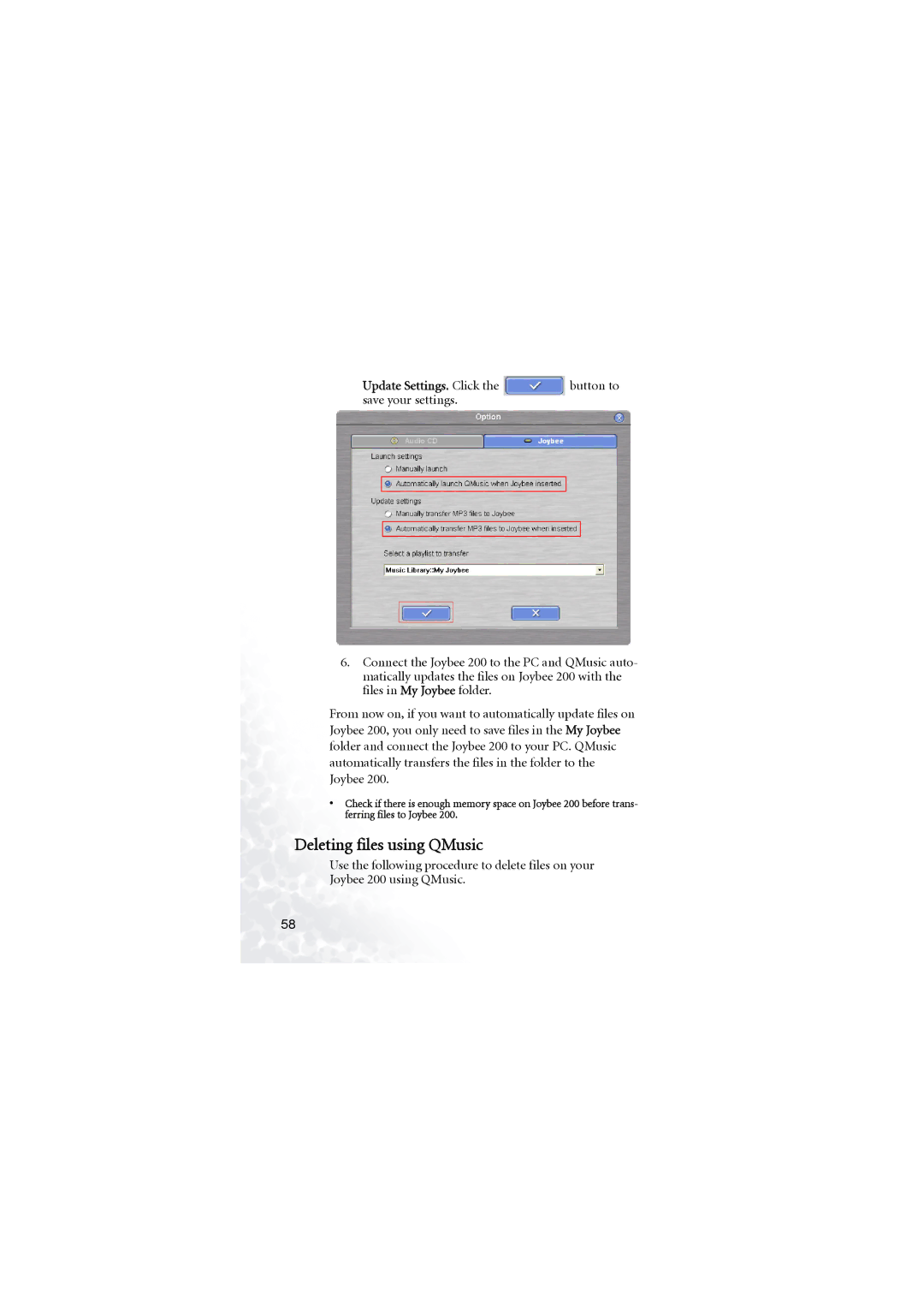 BenQ Joybee 200 user manual Deleting files using QMusic, Button to 