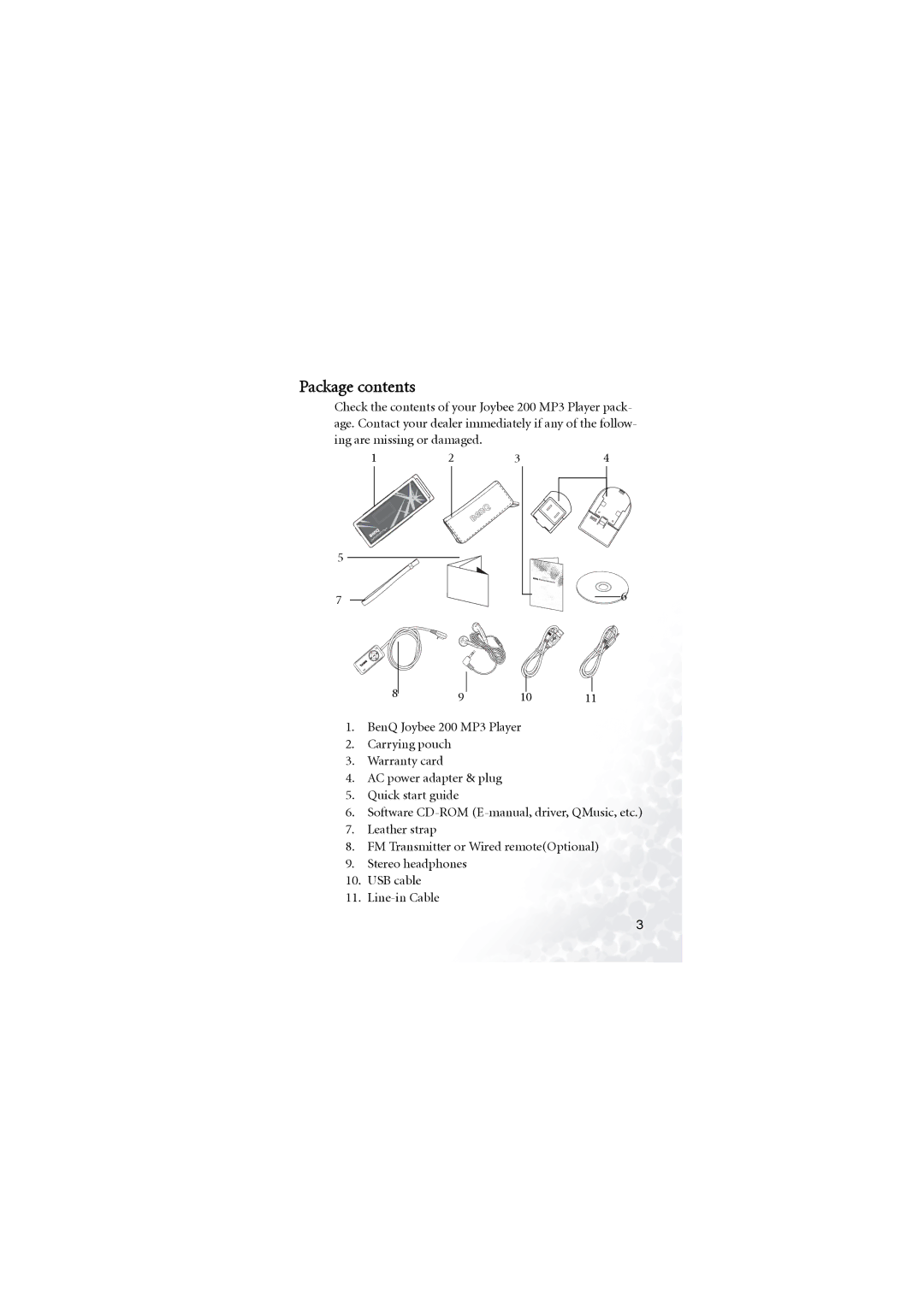 BenQ Joybee 200 user manual Package contents 